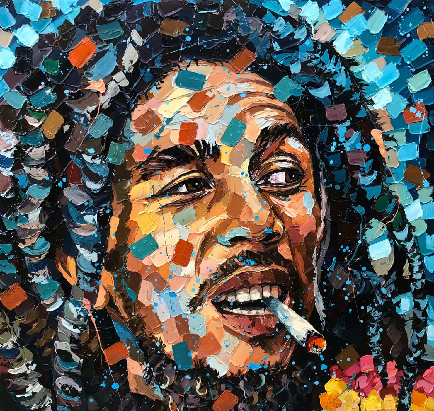 Bob Marley 桌布 壁紙 — 一個充滿活力的馬賽克風格肖像，描繪巴布·馬利，帶有色彩繽紛的紋理筆觸和嘴裡叼著香煙。
