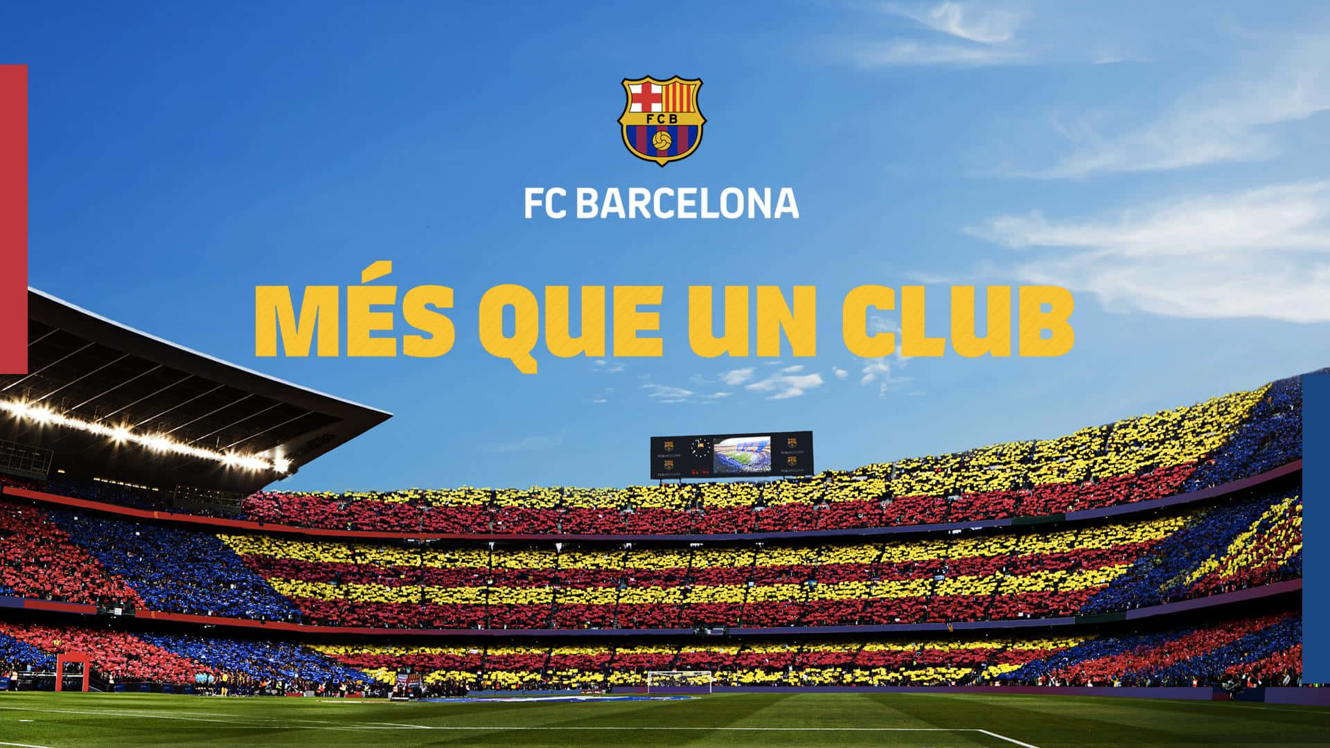 Fc Barcelona Desktop 桌布 壁紙 — 一個充滿活力的體育場，球迷在晴朗的藍天下揮舞著紅、黃、藍色的圍巾。