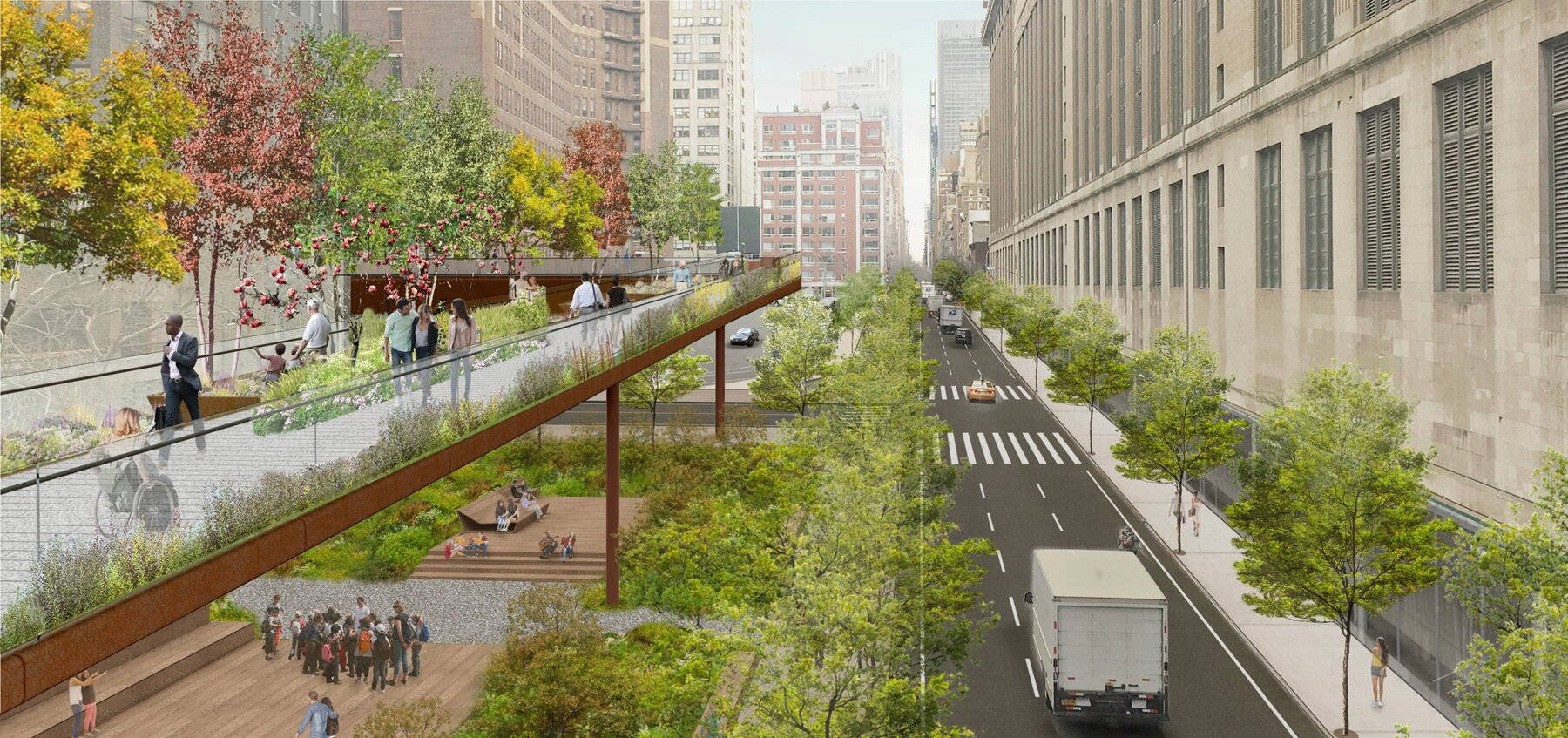 New York 桌布 壁紙 — 一個充滿活力的高架綠色公園，人們在樹木和植物間漫步和坐著，下方是車水馬龍、高樓林立的城市街道。