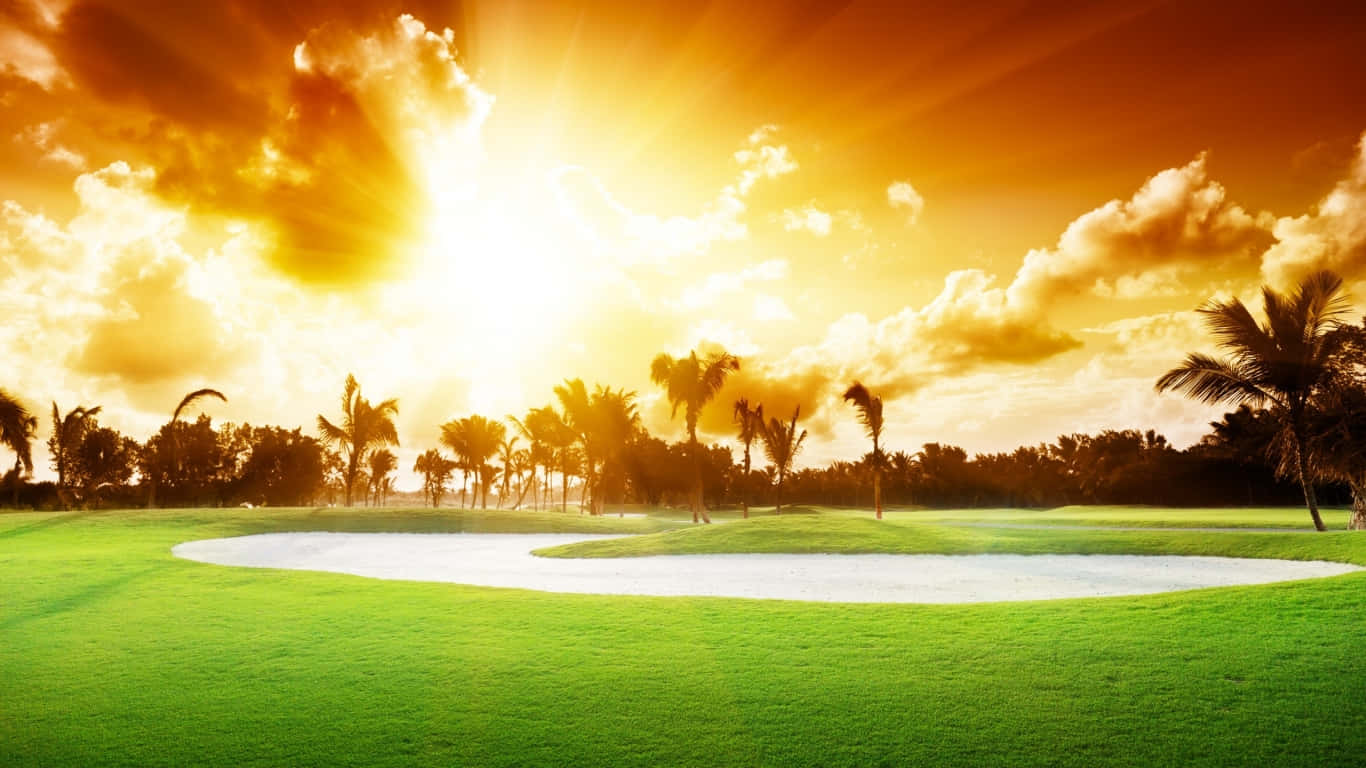 1366x768 Golf Course 桌布 壁紙 — 一個充滿活力的高爾夫球場，沐浴在金色夕陽下，棕櫚樹和沙坑在戲劇性的雲層下。