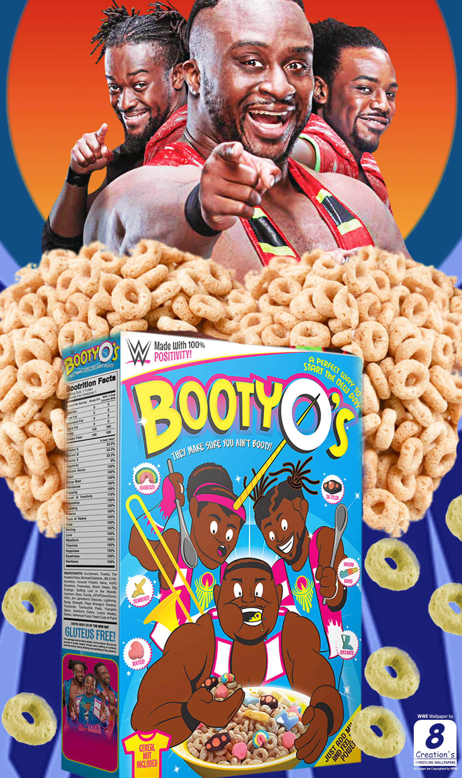 手機 桌布 壁紙 — 一個充滿活力的麥片盒，標有「Booty O's」，裝滿了環形麥片，上面有卡通摔角手和真實的WWE摔角手，設計色彩繽紛、俏皮。