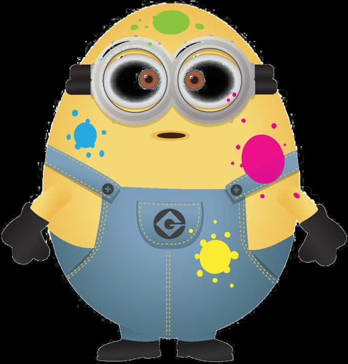 電影動圖 桌布 壁紙 — 一個充滿活力的黃色Minion，身上沾滿了五彩斑斕的油漆漬，站在純色背景前。
