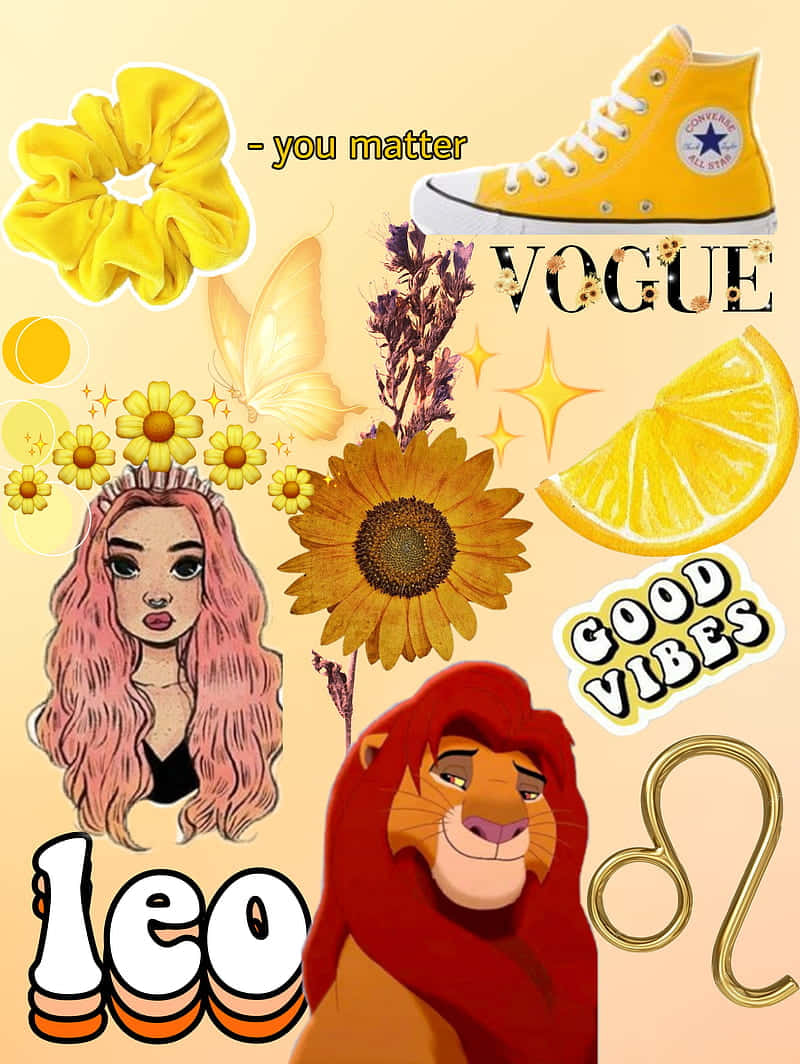 Leo Aesthetic 桌布 壁紙 — 一個充滿活力的黃色主題拼貼，包括獅子、向日葵、運動鞋和文字元素，背景溫暖。