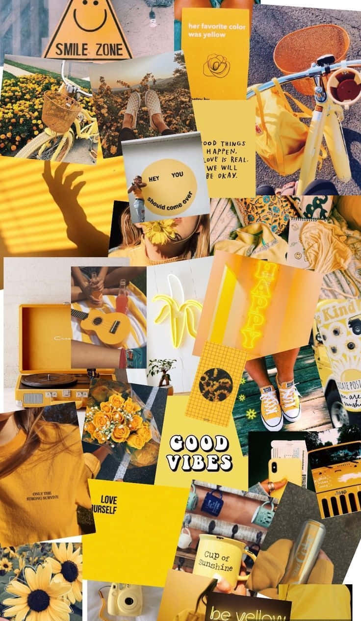 Collage 桌布 壁紙 — 一個充滿活力的黃色主題拼貼畫， featuring 向日葵、微笑和正面肯定，營造出歡快、振奮的心情。