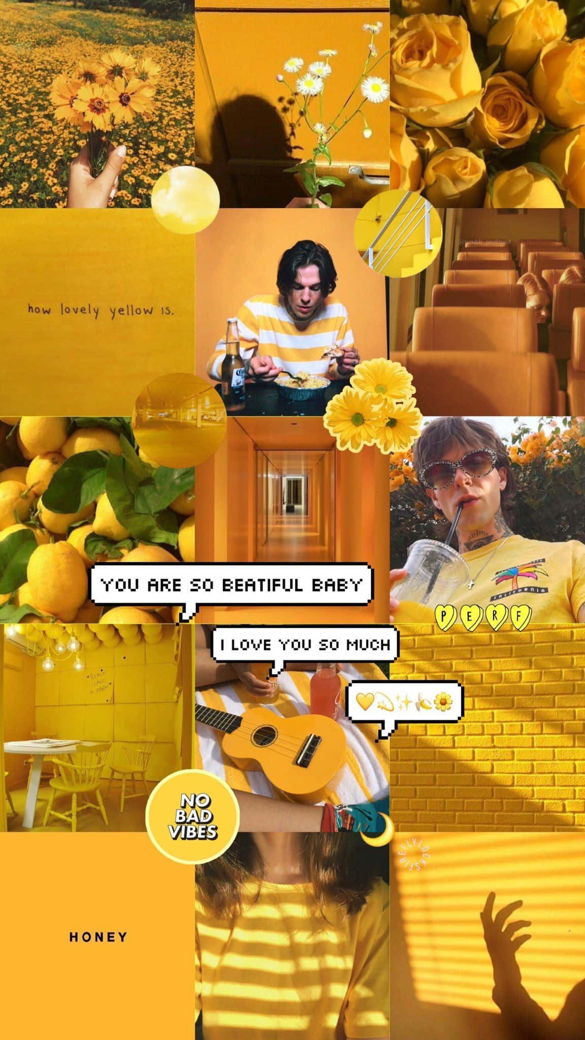 Yellow Aesthetic Collage 桌布 壁紙 — 一個充滿活力的黃色主題拼貼畫， featuring 向日葵、檸檬、玫瑰和穿著黃色服裝的人們，帶有文字疊加。