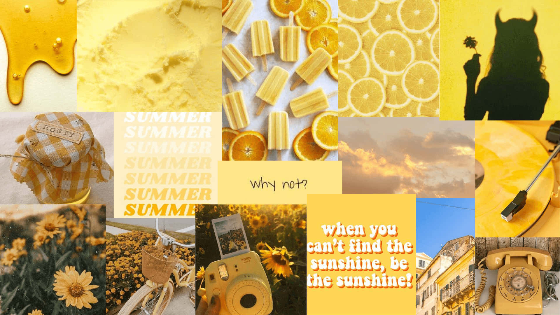 Yellow Aesthetic Collage 桌布 壁紙 — 一個充滿活力的黃色主題拼貼畫， featuring 蜂蜜、向日葵、冰棒、天空和復古電話，並帶有激勵人心的夏季語錄。