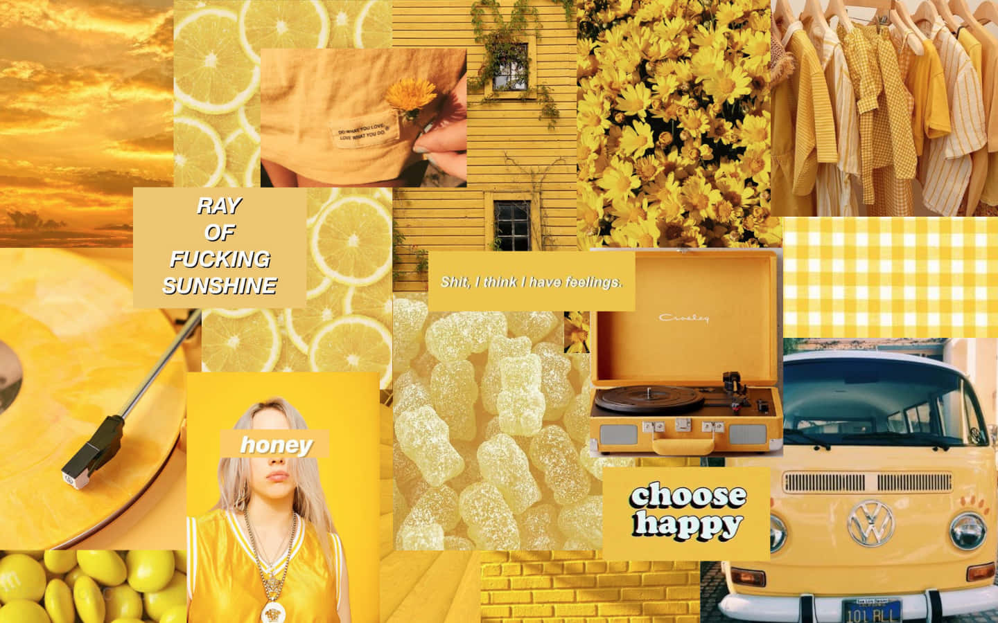 Yellow Aesthetic Collage 桌布 壁紙 — 一個充滿活力的黃色主題拼貼畫， featuring 日落、檸檬片、復古汽車和勵志名言，營造出歡快的復古美學。