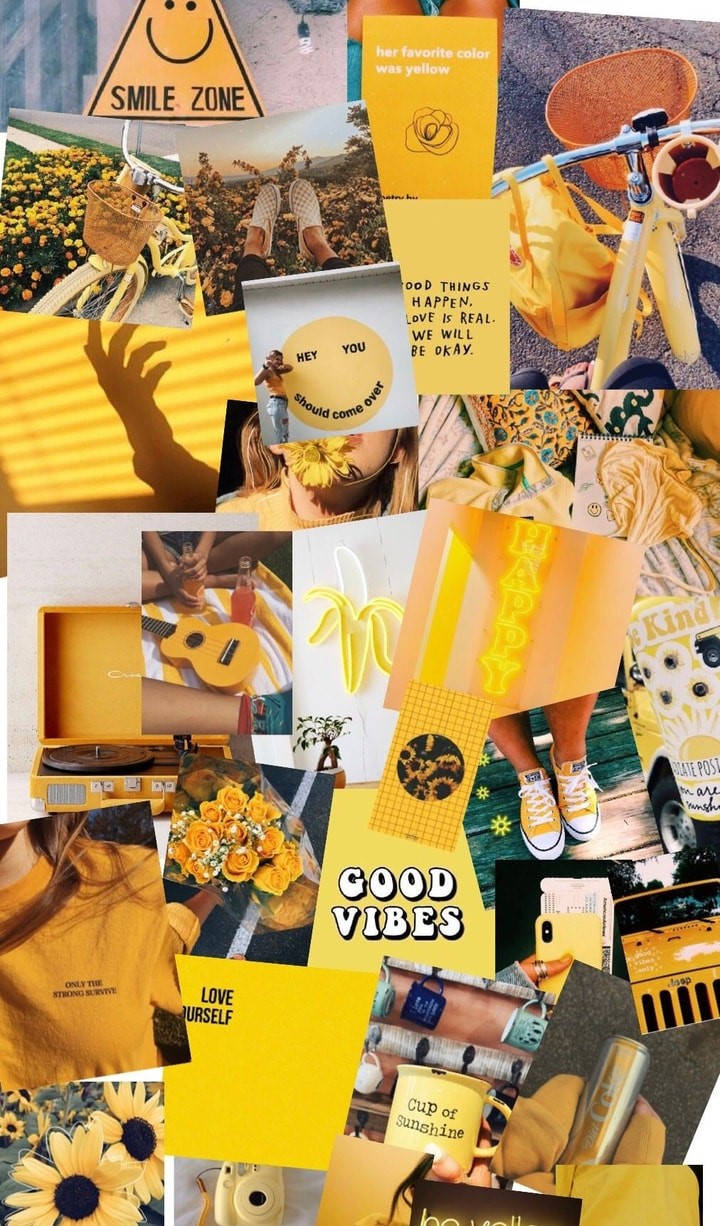Cute Yellow Aesthetic 桌布 壁紙 — 一個充滿活力的黃色主題拼貼畫， featuring 向日葵、腳踏車、語錄和散發正能量的歡樂物品。