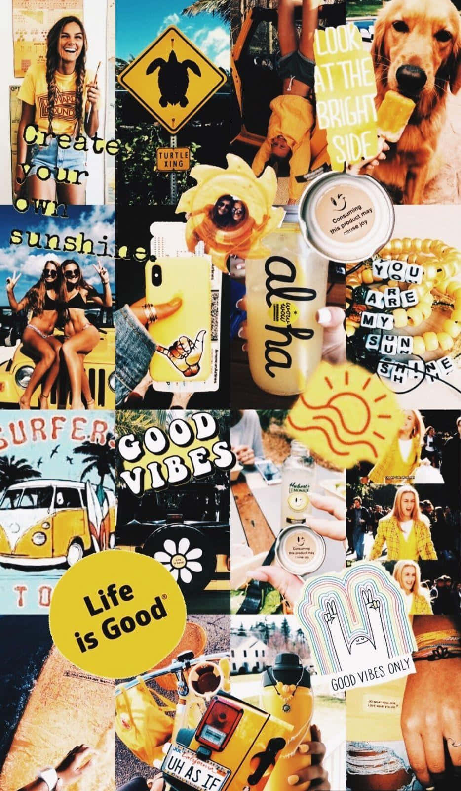 Yellow Aesthetic Collage 桌布 壁紙 — 一個充滿活力的黃色主題拼貼畫， featuring 微笑的人們、狗、衝浪板和太陽圖案，散發正能量和夏日氣息。