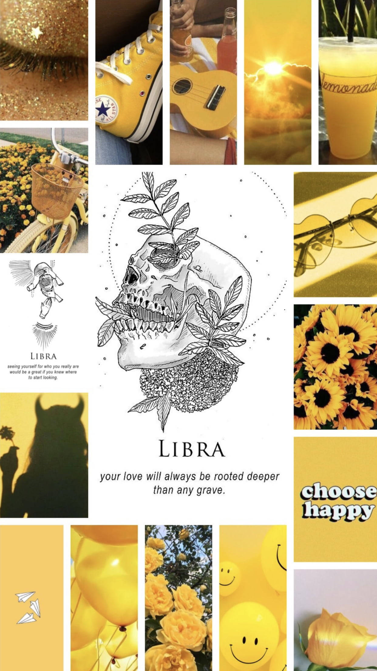 zodiac 桌布 壁紙 — 一個充滿活力的黃色主題拼貼畫，以向日葵、音樂、鞋子和一個中央裝飾著葉子的頭骨為特色。