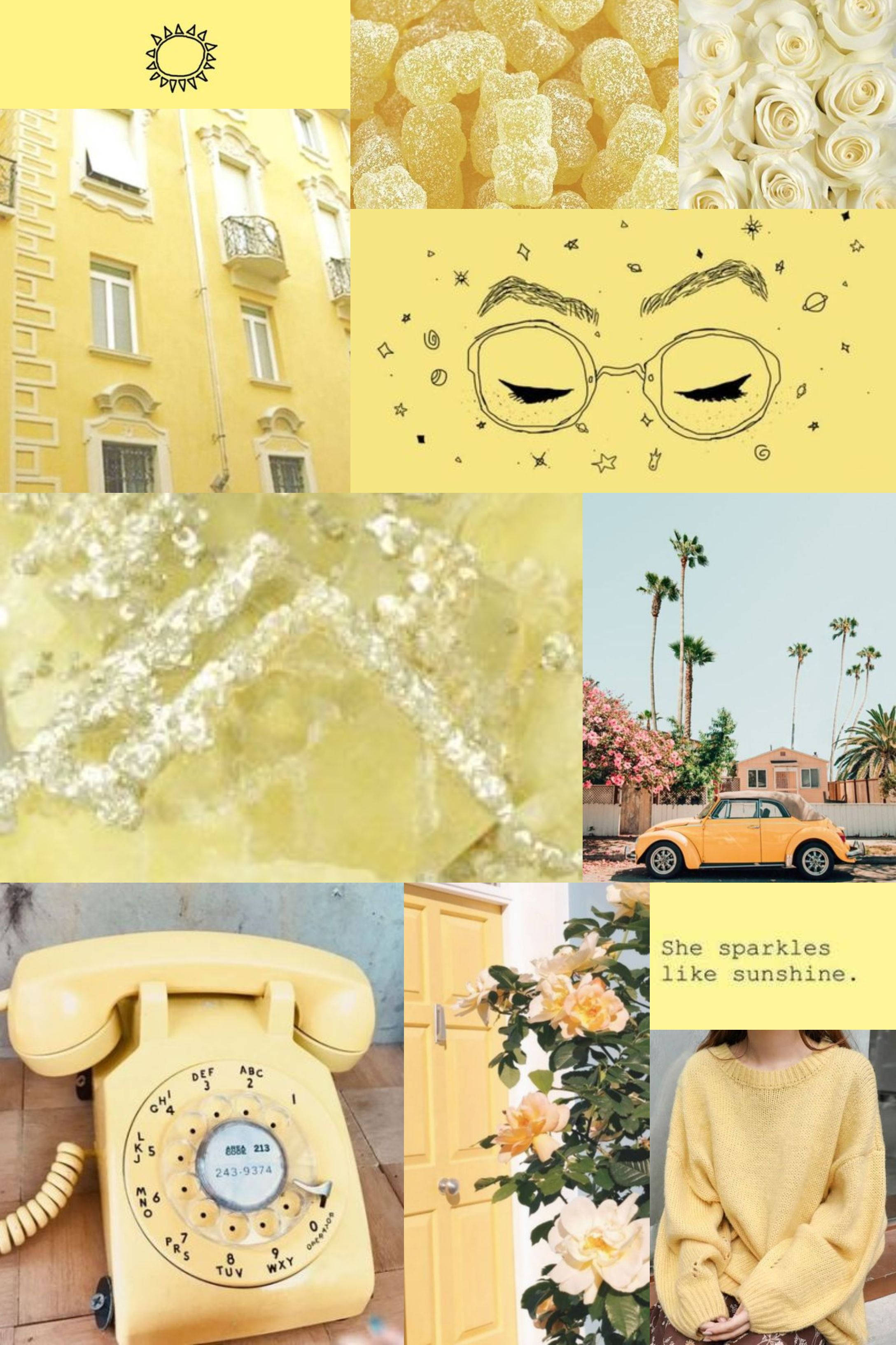 Pastel Yellow Aesthetic 桌布 壁紙 — 一個充滿活力的黃色主題拼貼畫，包含復古電話、玫瑰、太陽眼鏡、敞篷車和太陽圖標。