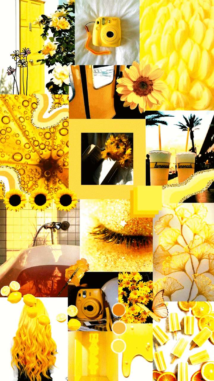 Cute Yellow Aesthetic 桌布 壁紙 — 一個充滿活力的黃色主題拼貼畫，包含向日葵、相機、針織品和檸檬水，背景明亮歡快。