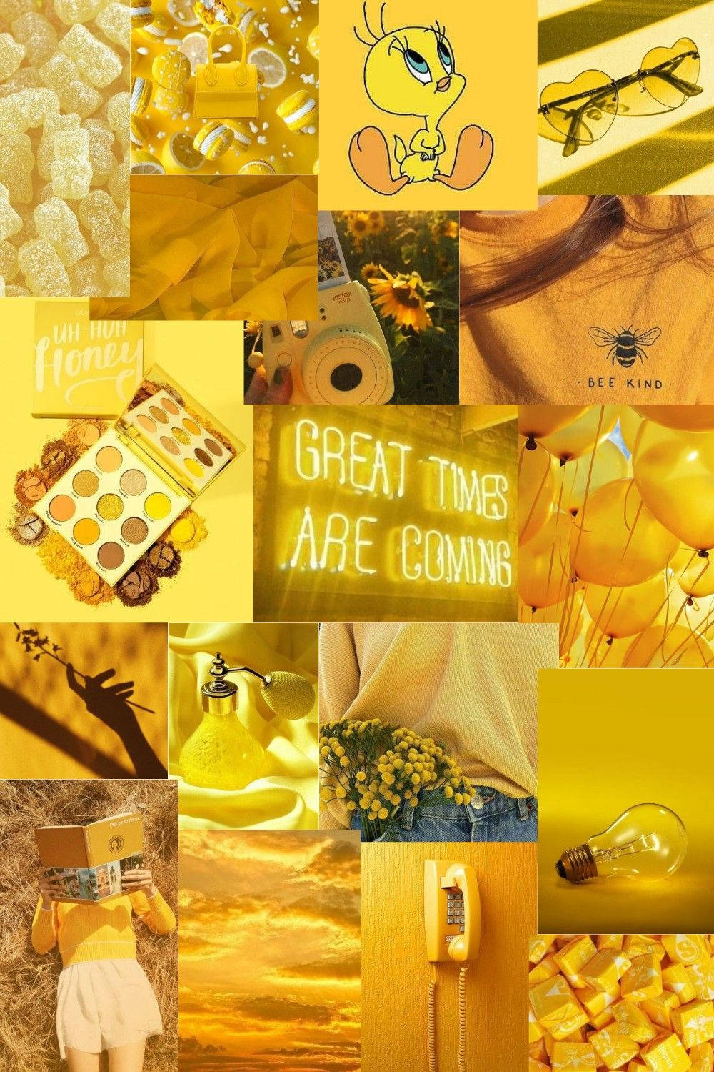 Cute Yellow Aesthetic 桌布 壁紙 — 一個充滿活力的黃色主題拼貼畫，包含蜂蜜軟糖、向日葵、復古電話、霓虹燈標誌和卡通人物。