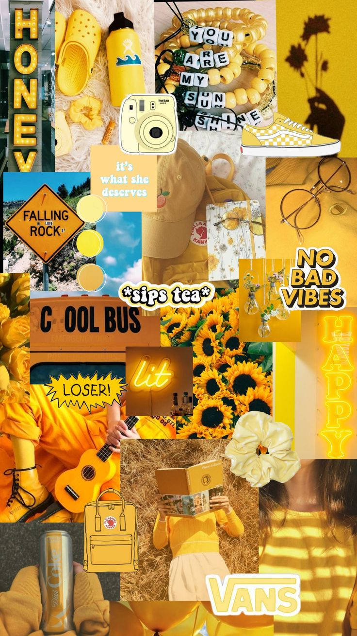 Cute Yellow Aesthetic 桌布 壁紙 — 一個充滿活力的黃色主題拼貼畫，包含向日葵、復古相機、運動鞋和勵志名言，呈現歡樂年輕的美學風格。