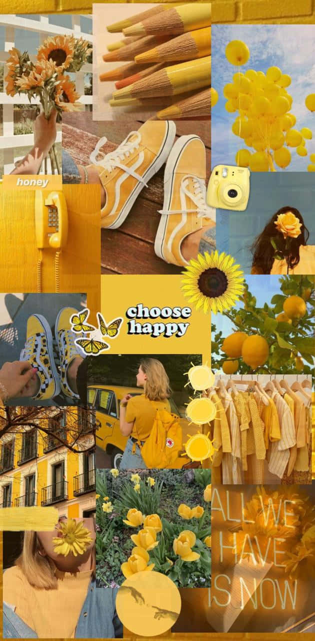 Aesthetic Yellow 桌布 壁紙 — 一個充滿活力的黃色主題拼貼畫，包含向日葵、運動鞋、相機和勵志文字，背景明亮歡快。