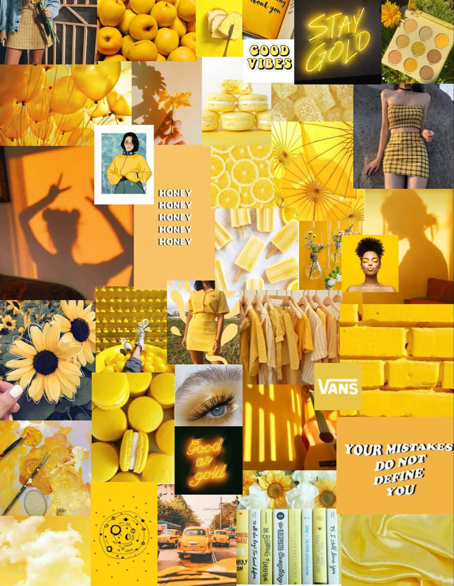 Yellow Aesthetic Collage 桌布 壁紙 — 一個充滿活力的黃色主題拼貼畫，包含向日葵、蘋果、馬卡龍、時尚和勵志名言，沐浴在溫暖的金色光芒中。