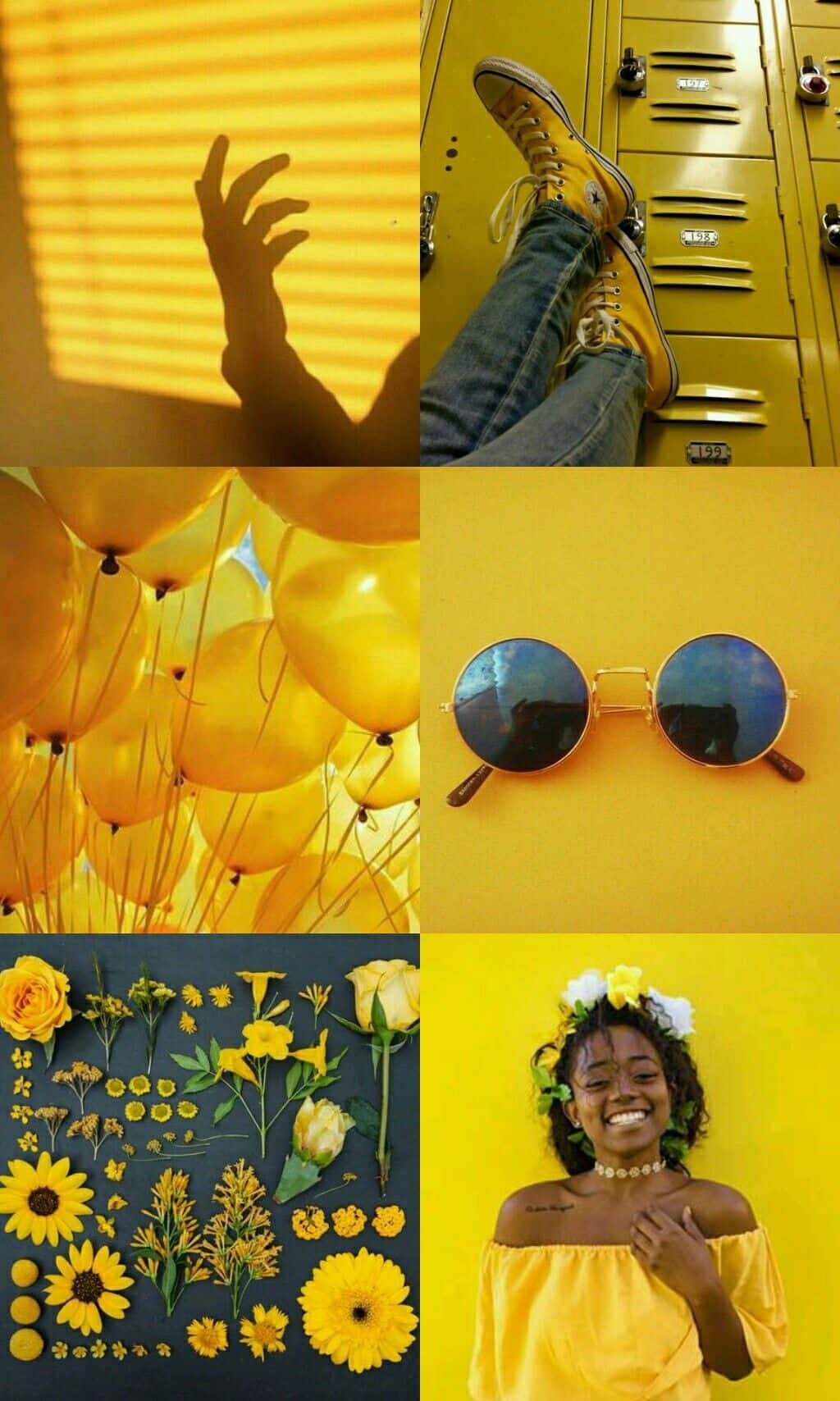 Yellow Aesthetic Collage 桌布 壁紙 — 一個充滿活力的黃色主題拼貼畫，包含陽光照射的手、儲物櫃旁的運動鞋、氣球、太陽眼鏡、鮮花和一個戴著花冠微笑的女孩。