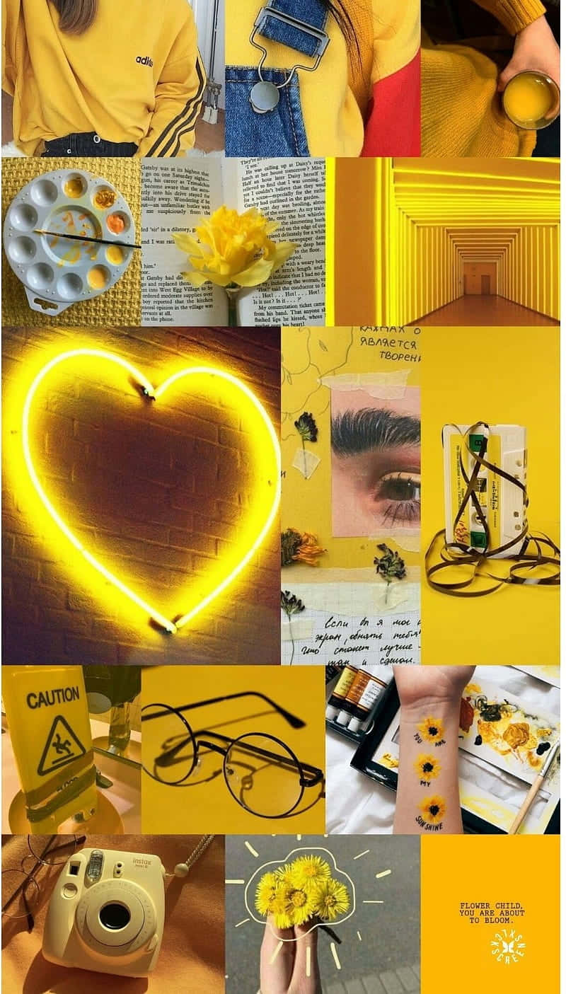 Aesthetic Yellow 桌布 壁紙 — 一個充滿活力的黃色主題拼貼畫，包含心形霓虹燈、向日葵、復古相機和藝術元素。