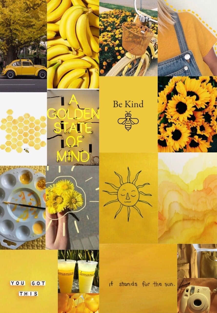 Yellow Aesthetic Collage 桌布 壁紙 — 一個充滿活力的黃色主題拼貼畫，包含香蕉、向日葵、復古汽車和勵志名言，採用歡快的陽光爆發風格。