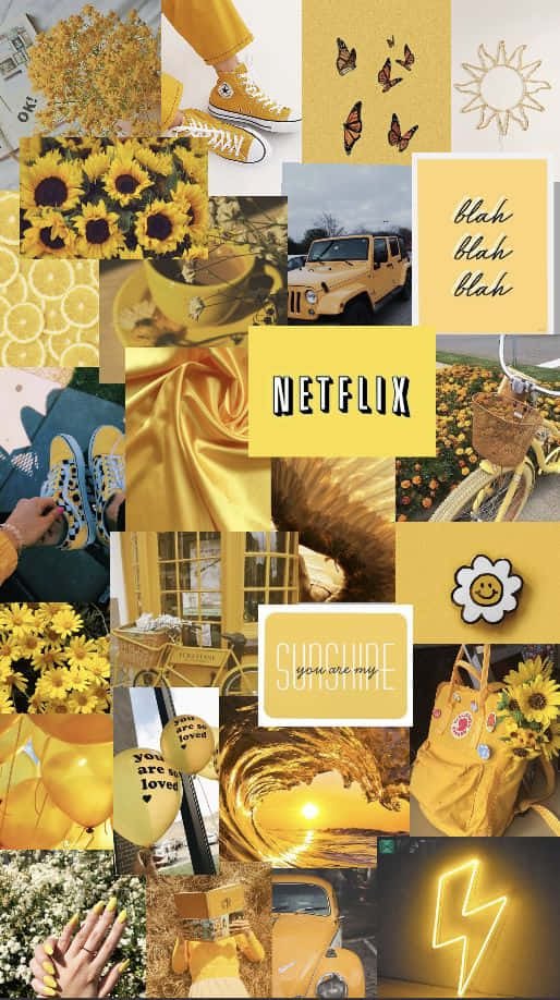 Aesthetic Yellow 桌布 壁紙 — 一個充滿活力的黃色主題拼貼畫，包含向日葵、運動鞋、復古汽車和太陽圖案，營造出歡快陽光明媚的美感。