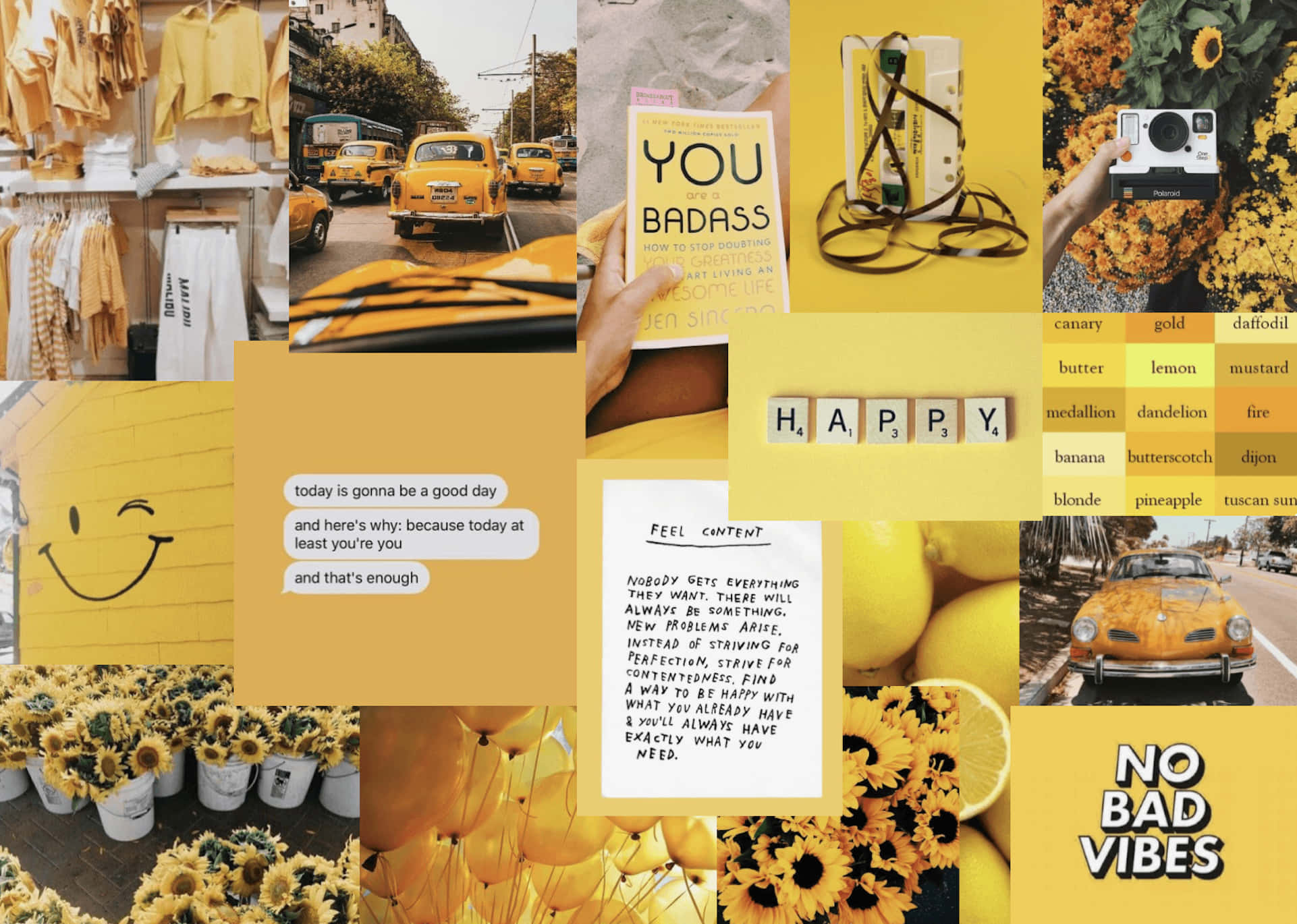 Yellow Aesthetic Collage 桌布 壁紙 — 一個充滿活力的黃色主題拼貼畫，包含向日葵、計程車、書籍和勵志語錄，散發正能量。