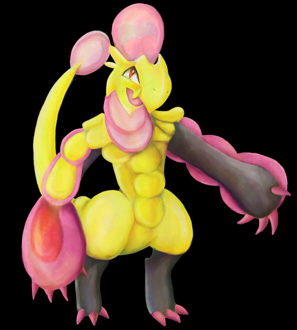 Pokemon Aesthetic 桌布 壁紙 — 一個充滿活力的黃色和粉紅色動漫風格寶可夢，帶有球根狀附肢和兇猛的表情，站在黑色背景前。