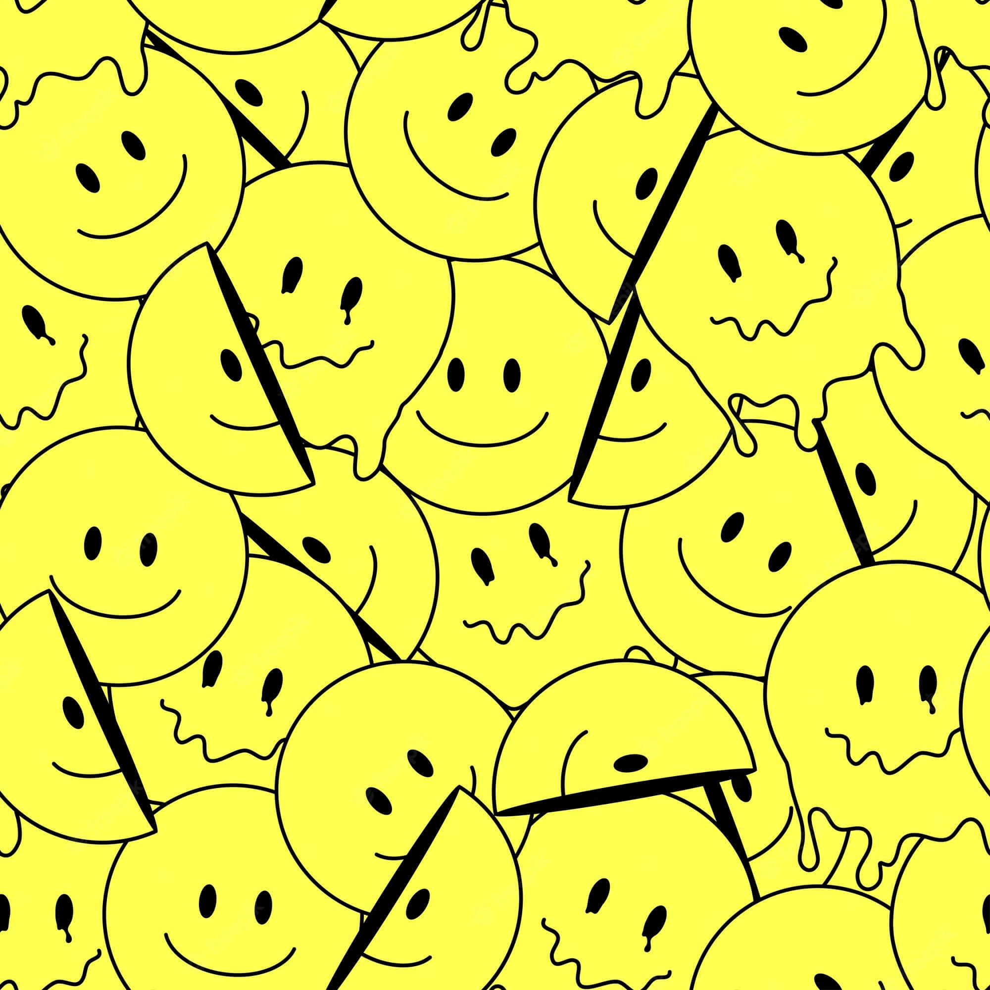 Aesthetic Trippy Smiley Face 桌布 壁紙 — 一個充滿活力的黃色圖案，由融化笑臉組成，帶有黑色輪廓和滴落效果。