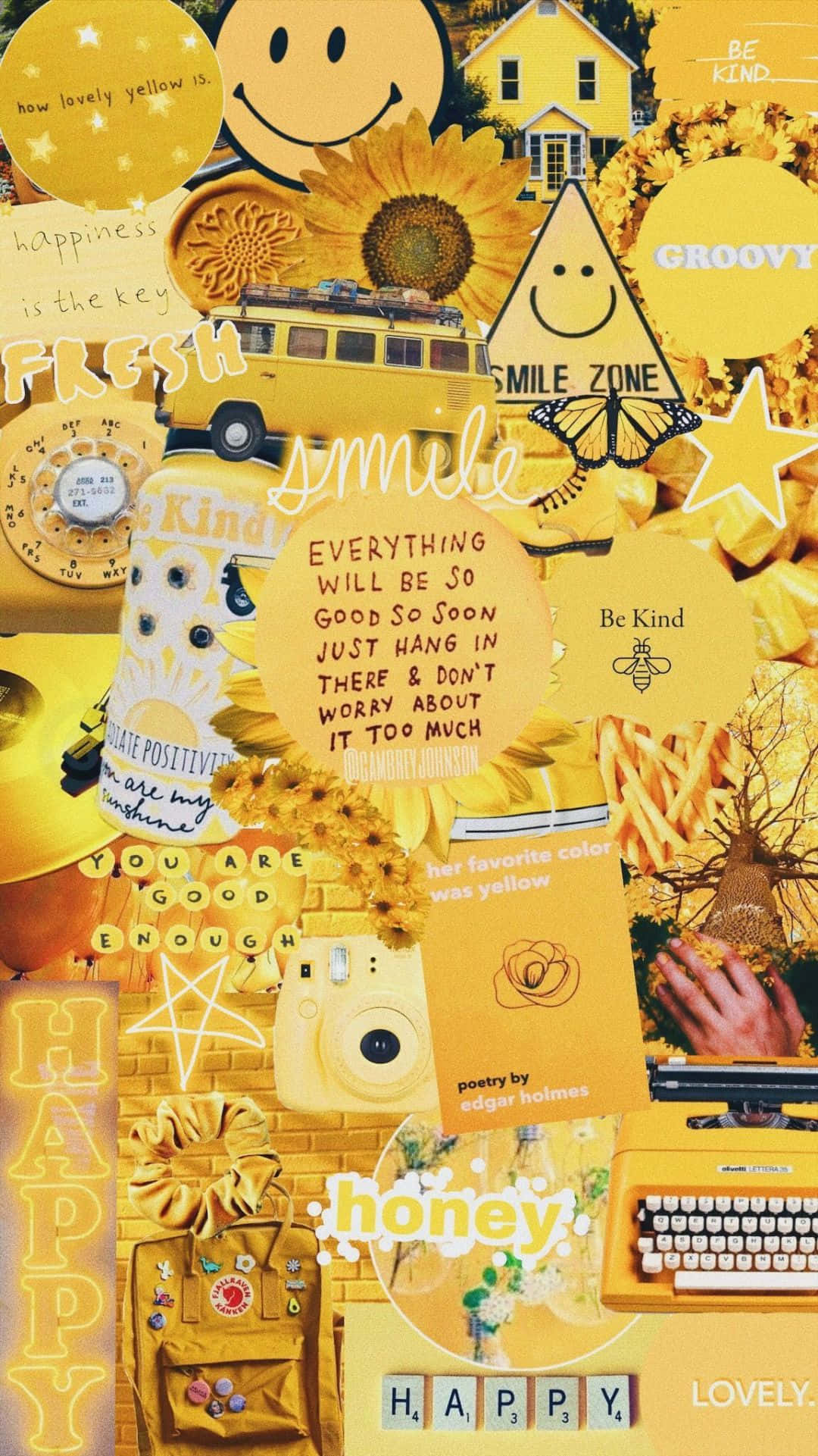 Aesthetic Yellow 桌布 壁紙 — 一個充滿活力的黃色拼貼畫，包含笑臉、向日葵、復古物品和振奮人心的語錄，散發著歡樂的正能量。