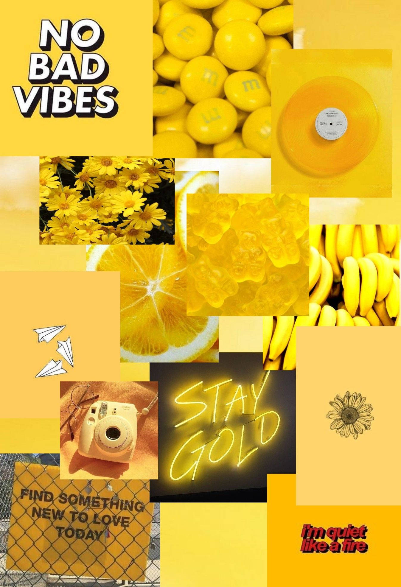 Vibes 桌布 壁紙 — 一個充滿活力的黃色拼貼畫，包含香蕉、花朵、糖果、黑膠唱片和一個帶有振奮文字的霓虹燈標誌。