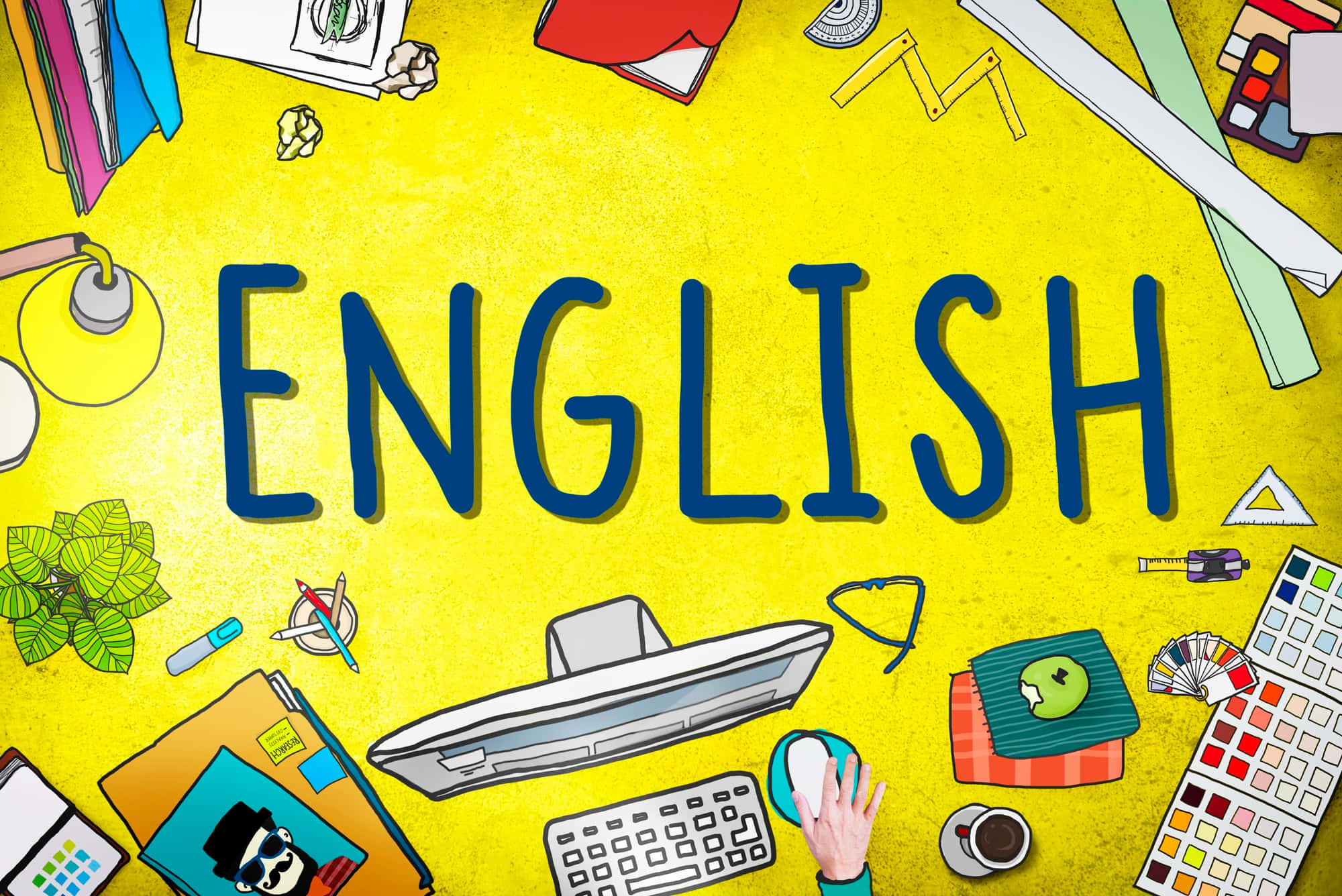 English 桌布 壁紙 — 一個充滿活力的黃色書桌場景，'ENGLISH' 這個字被學校用品和科技產品包圍。