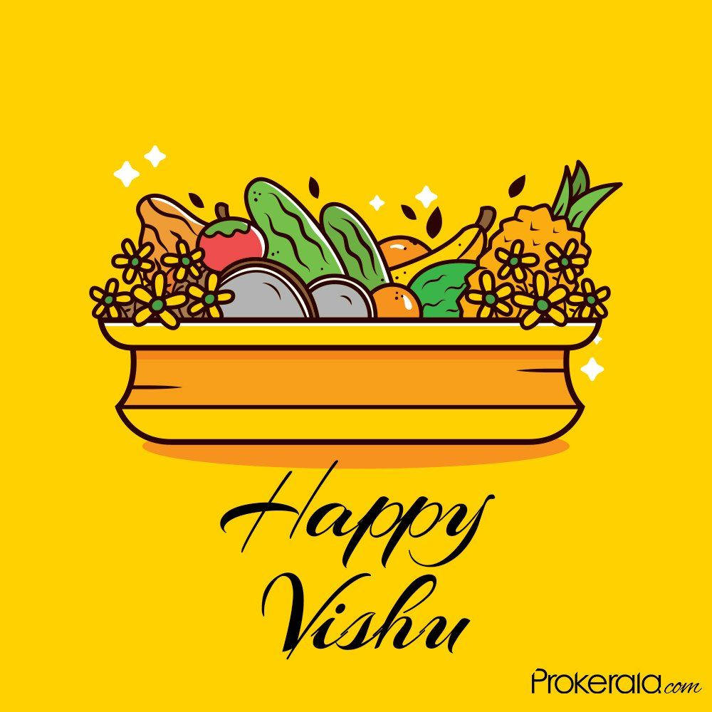 Vishu 桌布 壁紙 — 一個充滿活力的黃色碗，裝滿了色彩繽紛的水果、蔬菜和鮮花，背景是純黃色，下方寫有「Happy Vishu」。