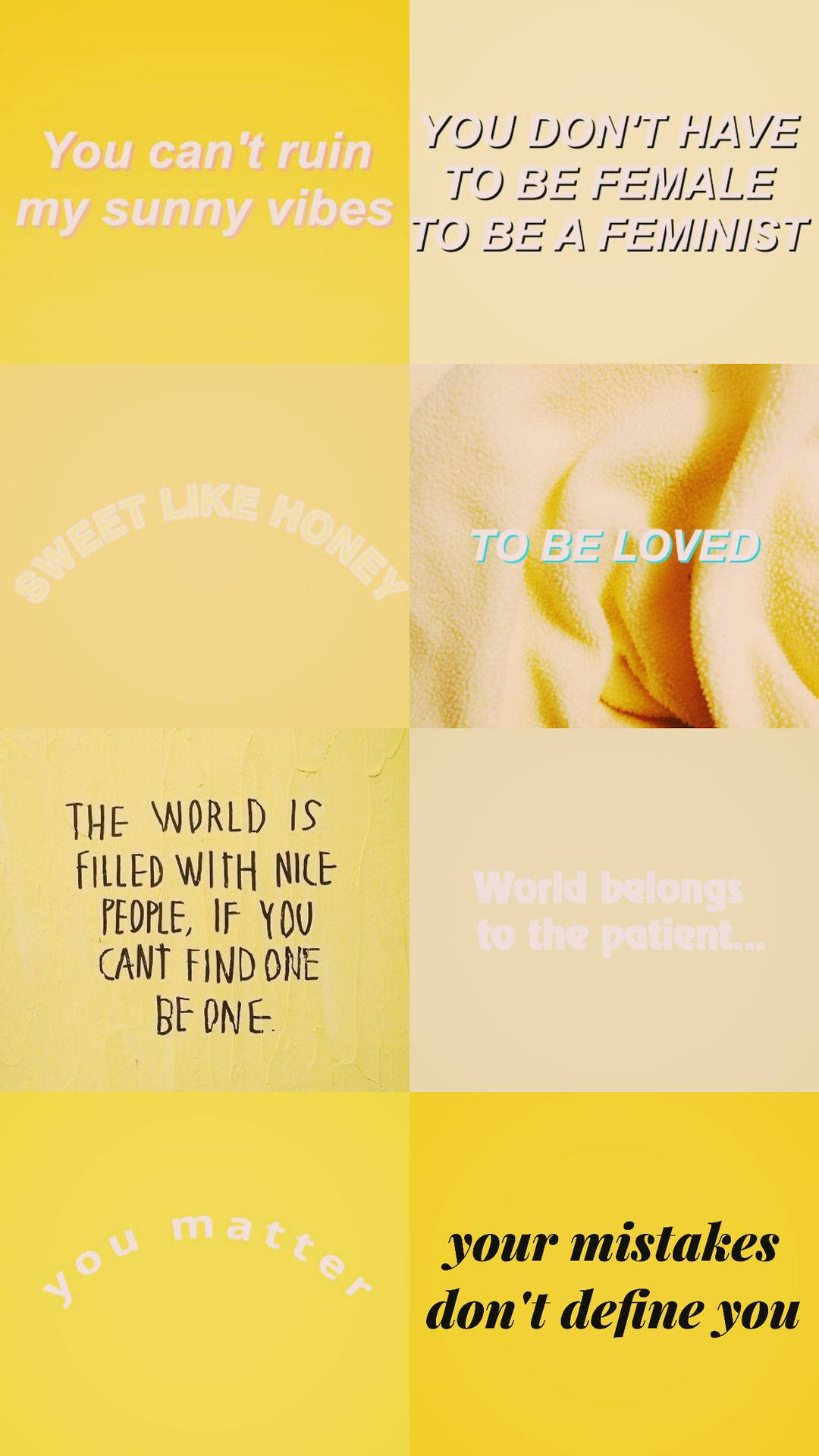 Pastel Yellow Aesthetic 桌布 壁紙 — 一個充滿活力的黃色網格，上面覆蓋著柔軟布料紋理和純色背景的勵志語錄。