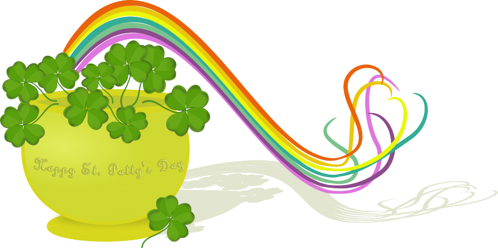 三月 桌布 壁紙 — 一個充滿活力的黃色花盆，裝滿了綠色的四葉草，背後有一道色彩繽紛的彩虹優雅地彎曲。