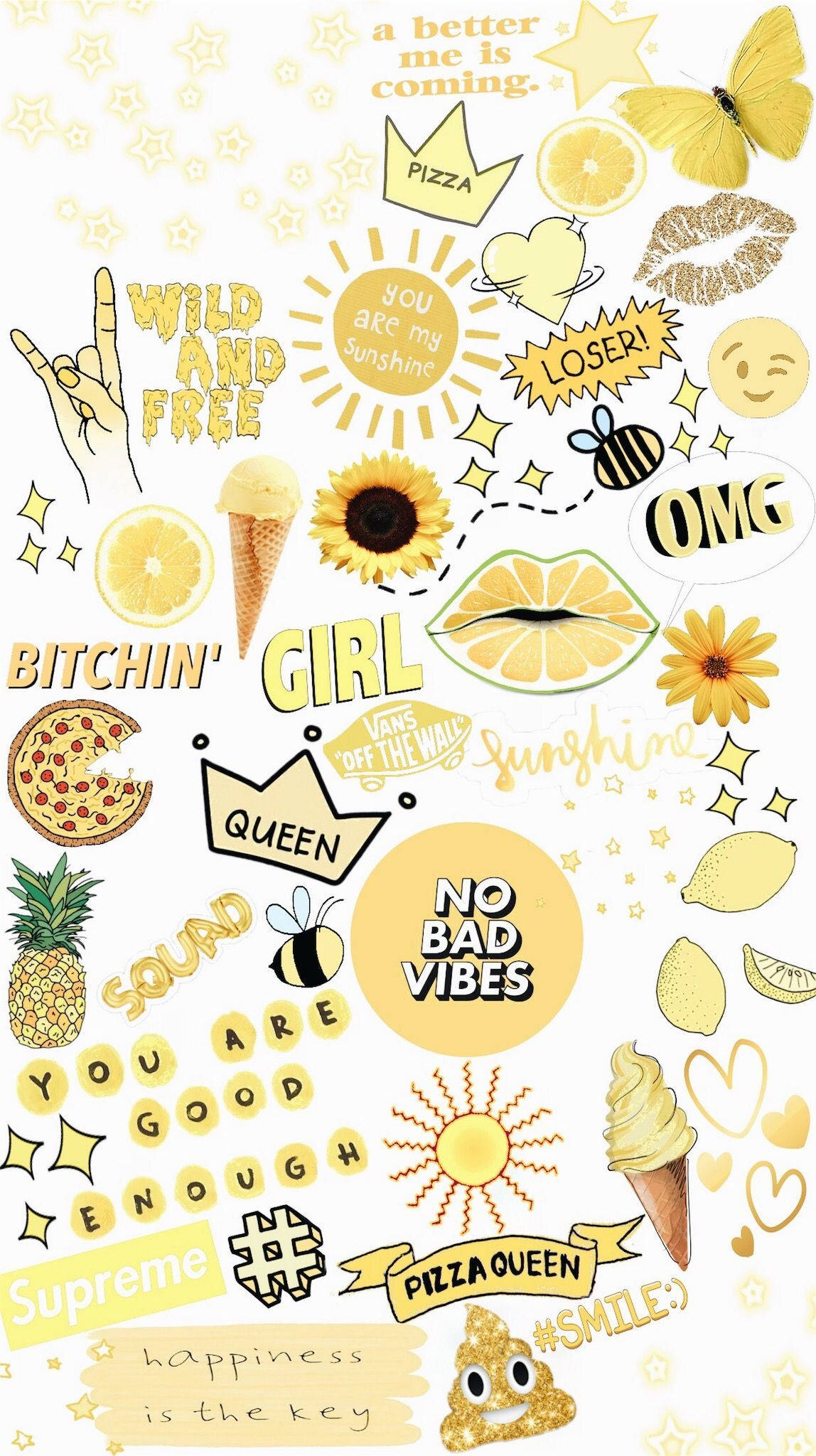 stickers 桌布 壁紙 — 一個充滿活力的黃色貼紙拼貼，包含太陽、蜜蜂、披薩、冰淇淋和勵志語句，背景為白色。