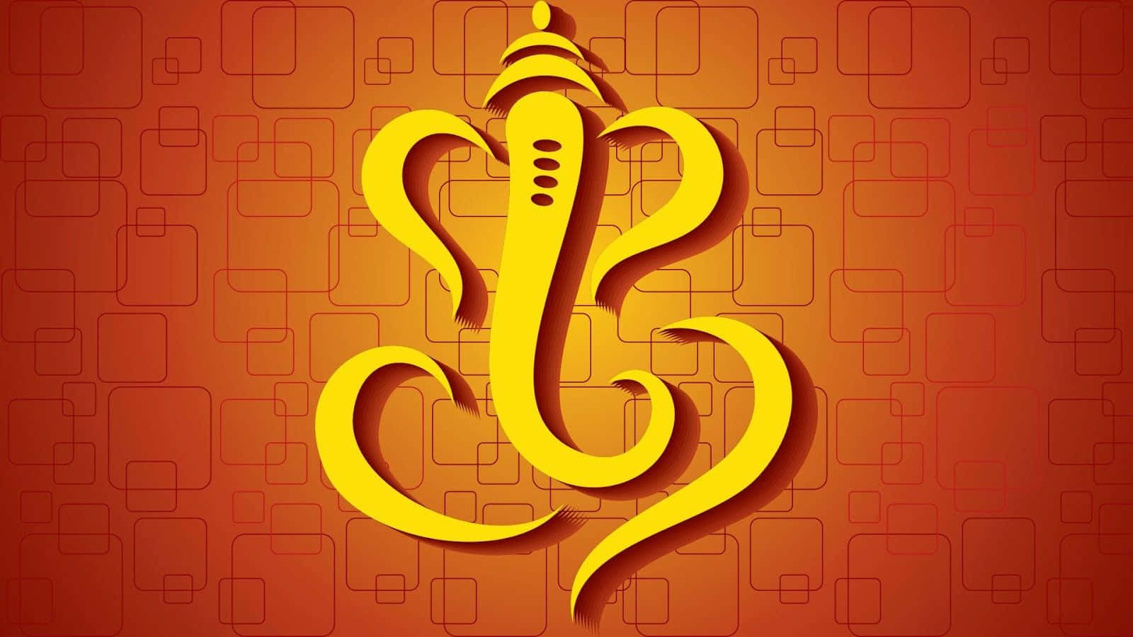 Ganesh 桌布 壁紙 — 一個充滿活力的黃色風格化象頭神圖標，帶有流暢的曲線，置於帶有幾何方形圖案的溫暖橙色背景上。