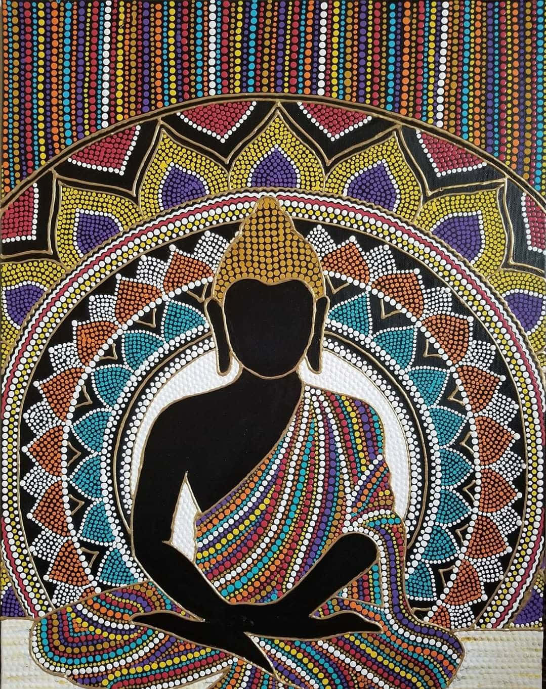藝術 桌布 壁紙 — 一個充滿活力的點畫佛像剪影，在冥想中坐著，周圍環繞著複雜多彩的曼陀羅圖案。