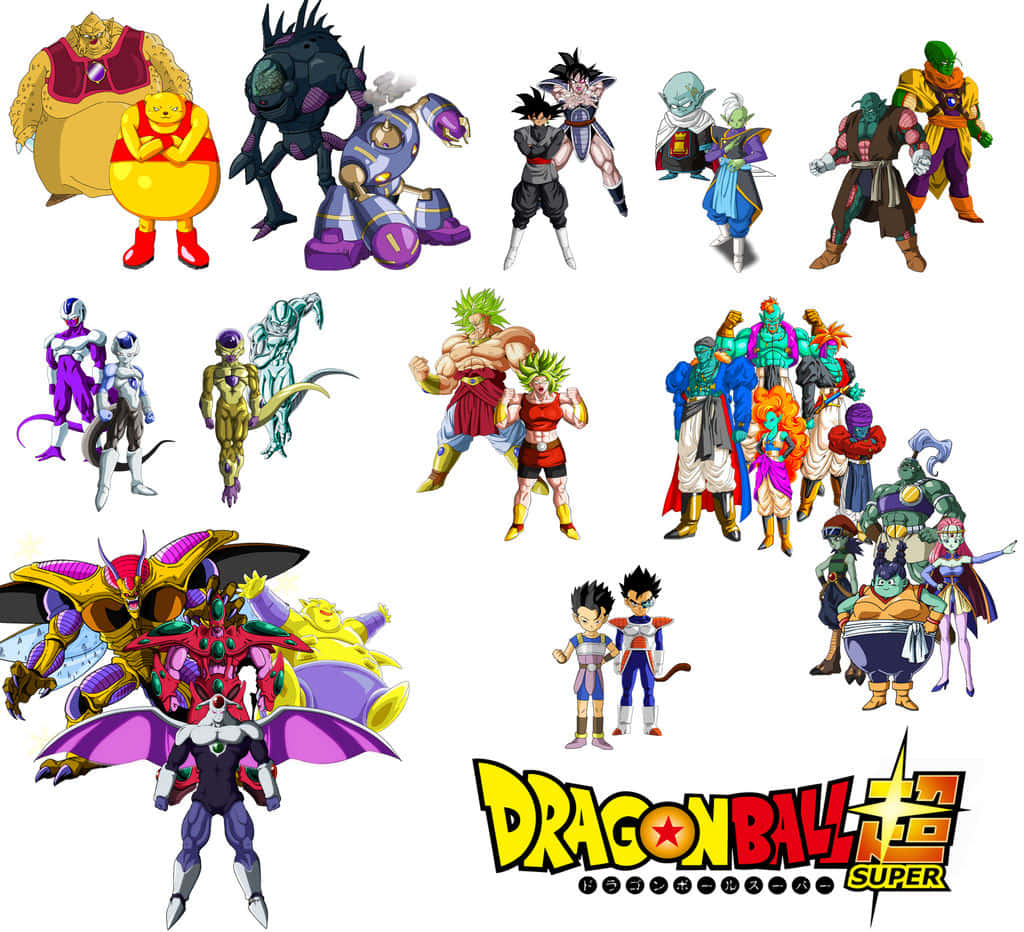 Dbz Movies 桌布 壁紙 — 一個充滿活力的龍珠超角色合集，以動態姿勢呈現在純白背景上。