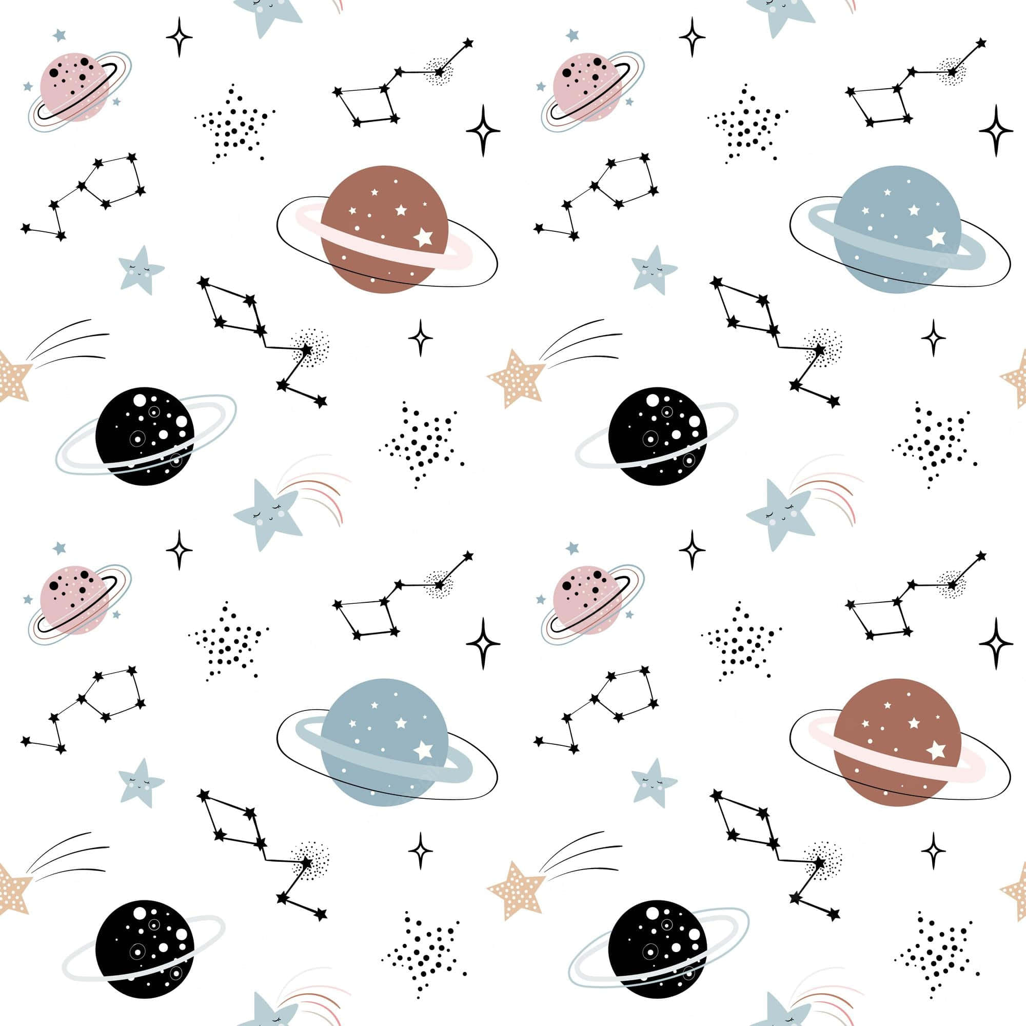Constellations 桌布 壁紙 — 一個充滿玩味的圖案，以柔和色調的行星、星座和星星散落在潔白背景上。