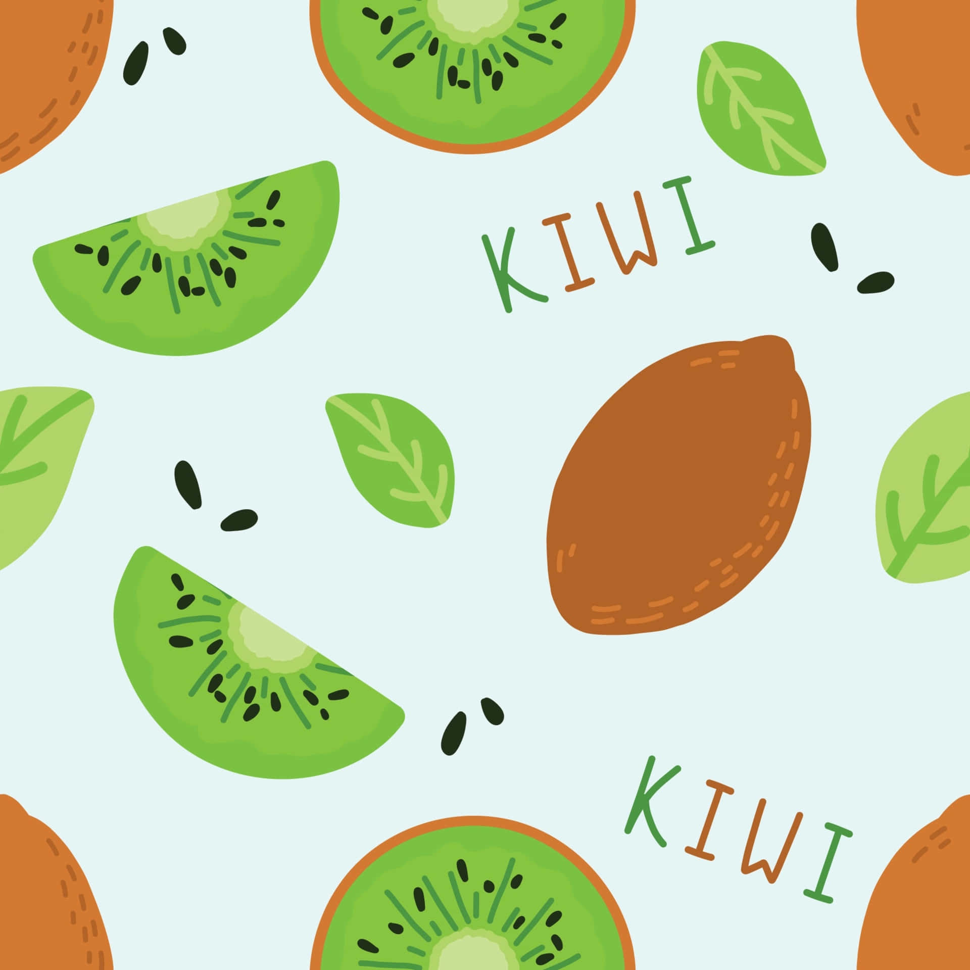 Kiwi 桌布 壁紙 — 一個充滿玩味的圖案，包含切片奇異果、完整水果和葉子，散落在柔和的薄荷色背景上。