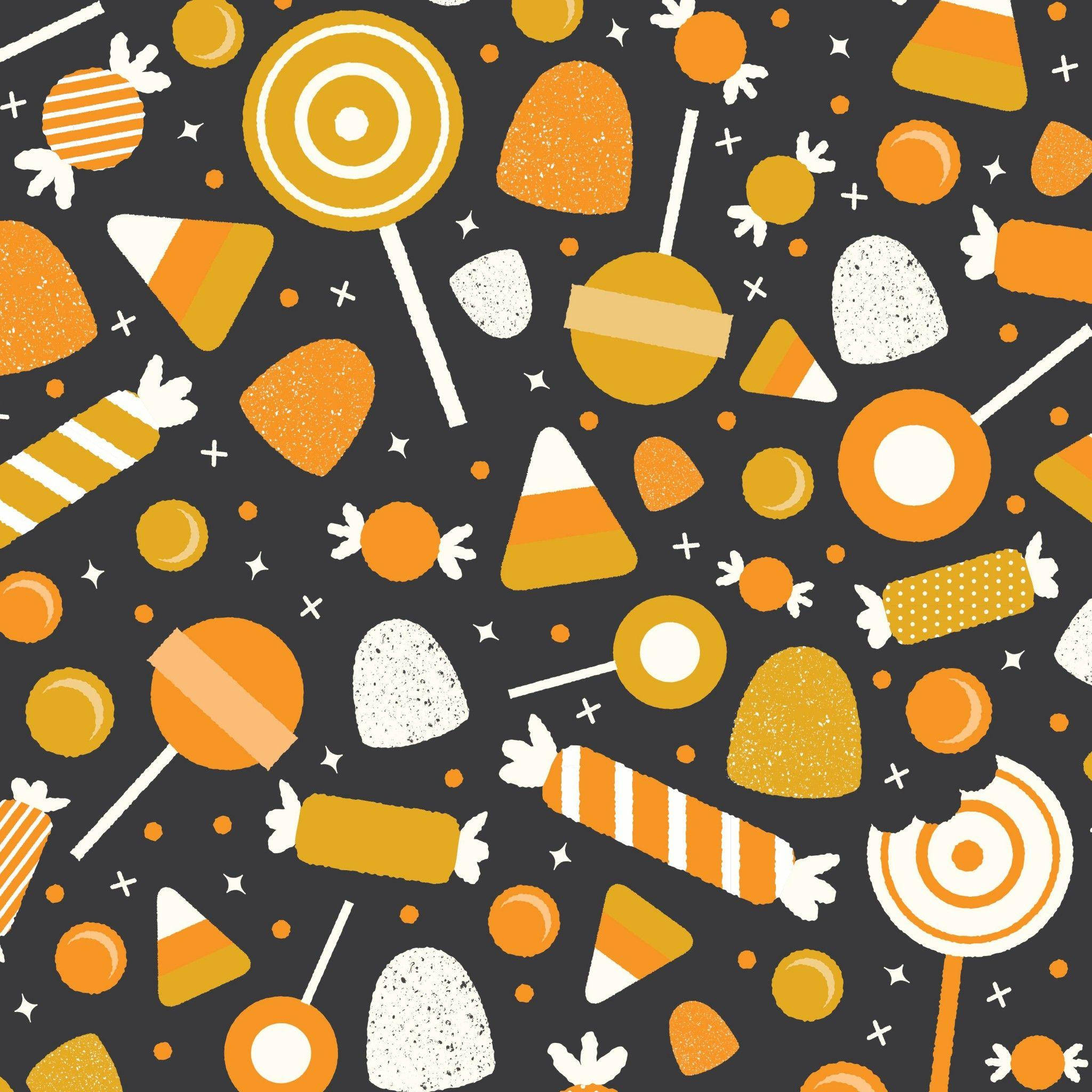 Halloween iPad 桌布 壁紙 — 一個充滿玩味的圖案，橙色、白色和黃色的萬聖節糖果散落在深灰色背景上。