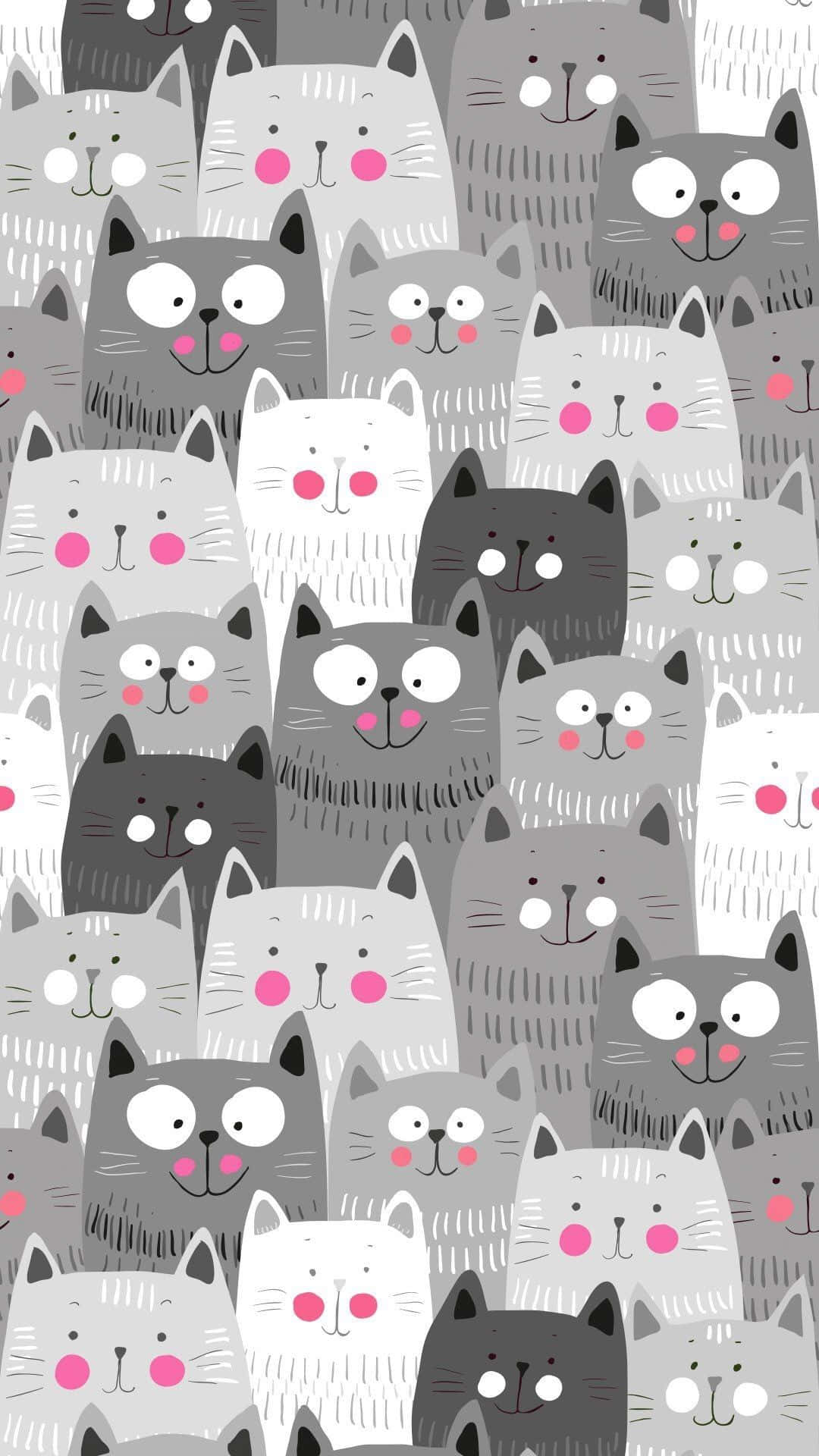 Cute Cat Pattern 桌布 壁紙 — 一個充滿玩味的圖案，灰色、白色和黑色的卡通貓咪，粉紅色的臉頰和大眼睛填滿了畫面。