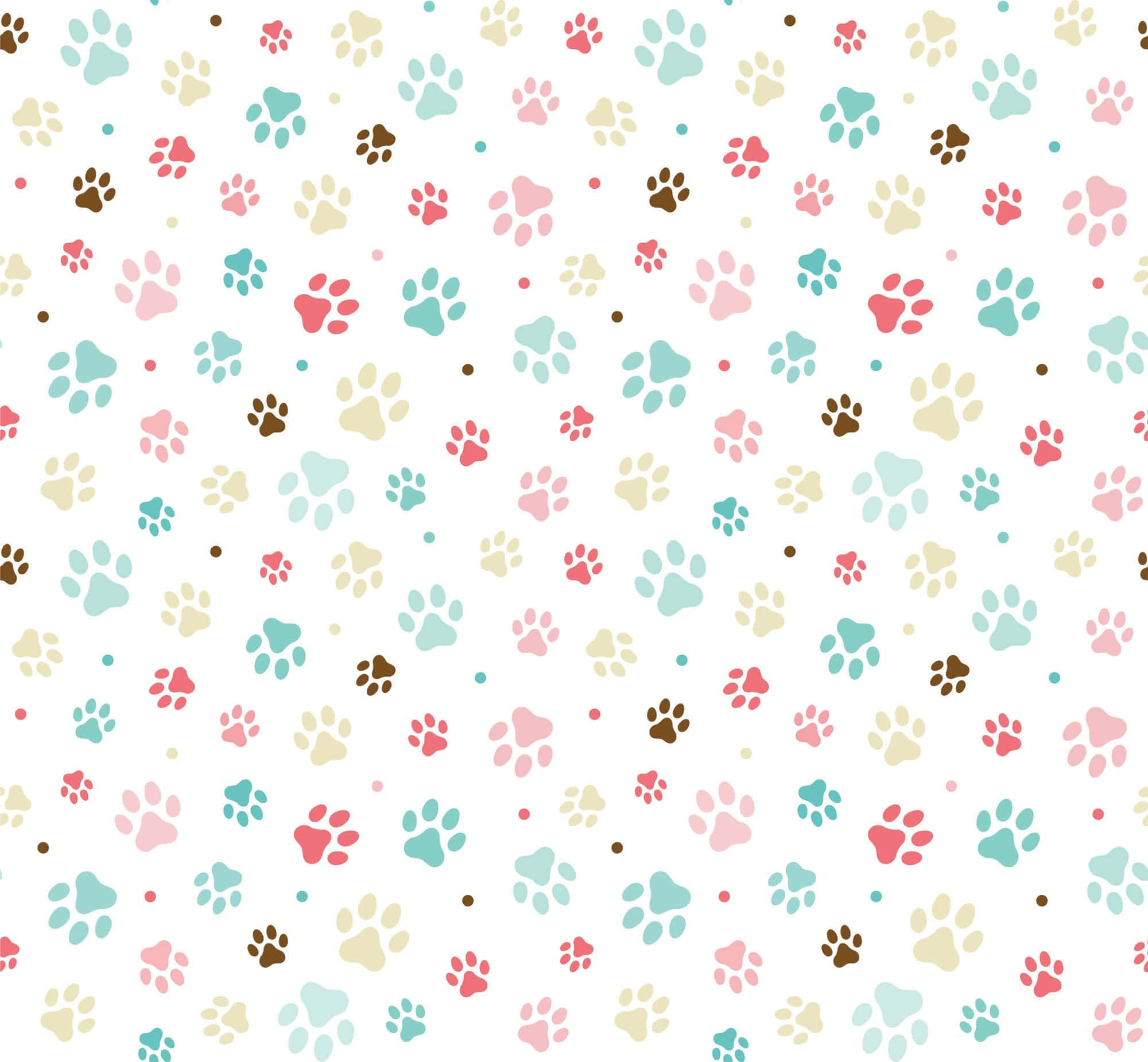 paws 桌布 壁紙 — 一個充滿玩味的圖案，由多種顏色的爪印和圓點散落在潔淨的白色背景上。