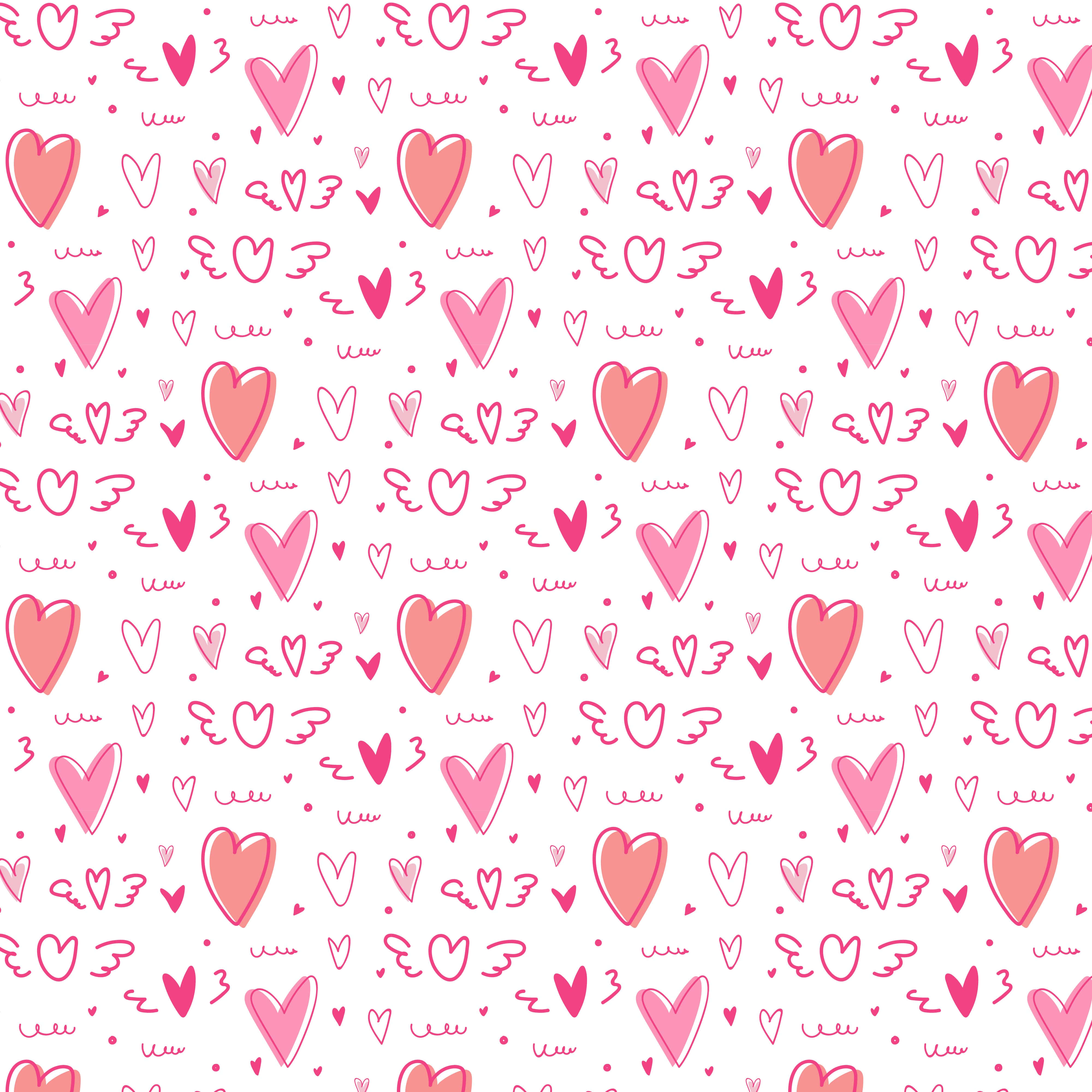 Heart Pattern 桌布 壁紙 — 一個充滿玩味的圖案，白色背景上散落著帶翅膀的粉紅色愛心和塗鴉。