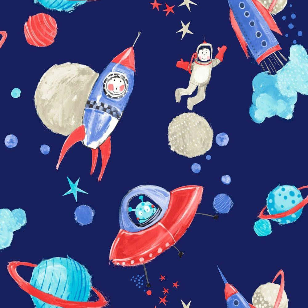 小孩動圖 桌布 壁紙 — 一個充滿玩味的水彩太空場景，有微笑的太空人、火箭和色彩繽紛的行星漂浮在深藍色的星空上。
