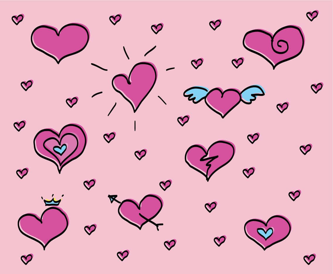 Cute Hearts 桌布 壁紙 — 一個充滿玩味的粉紅色背景，上面有各種卡通愛心，有些帶有翅膀、皇冠或箭，閃耀著喜悅。