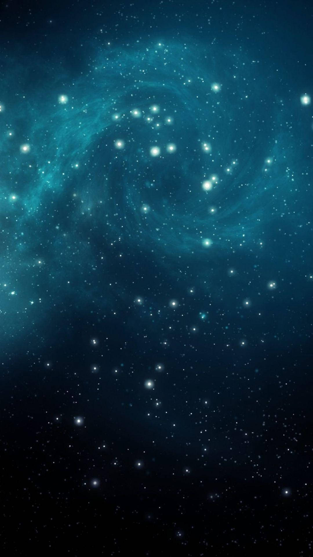 藍色銀河 桌布 壁紙 — 一個充滿發光恆星的漩渦狀青綠色星雲，橫跨深邃的宇宙虛空。
