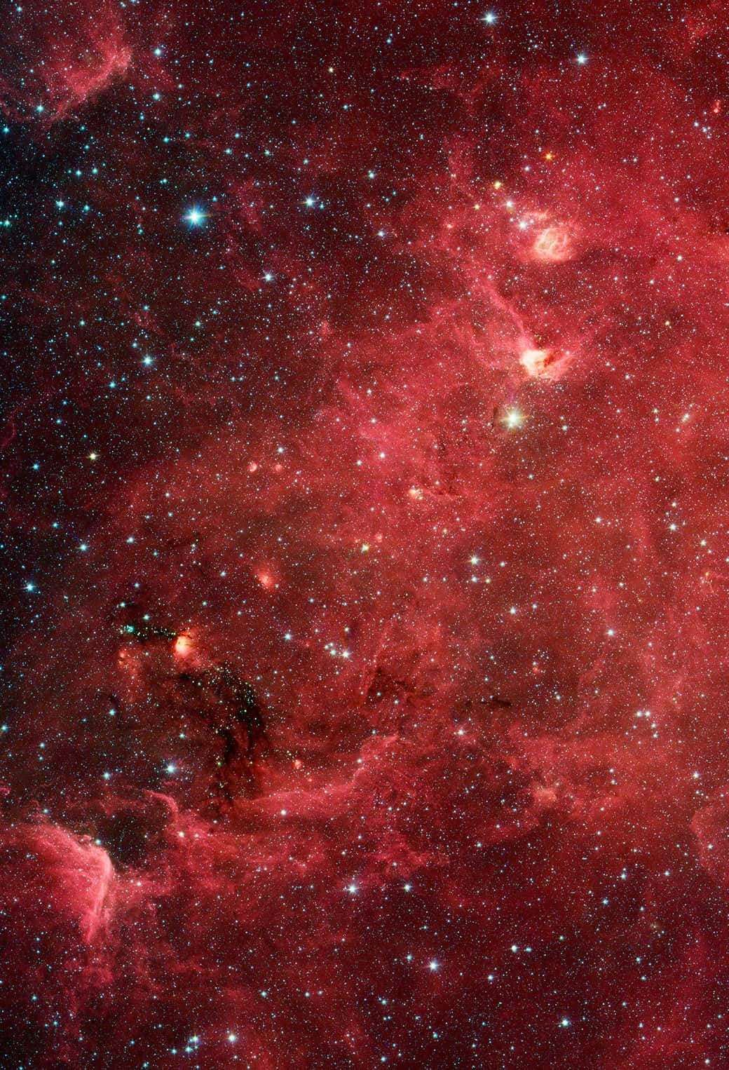 Red Abstract 桌布 壁紙 — 一個充滿發光氣體雲和閃爍星星的鮮豔紅色宇宙星雲，背景是黑暗虛空。