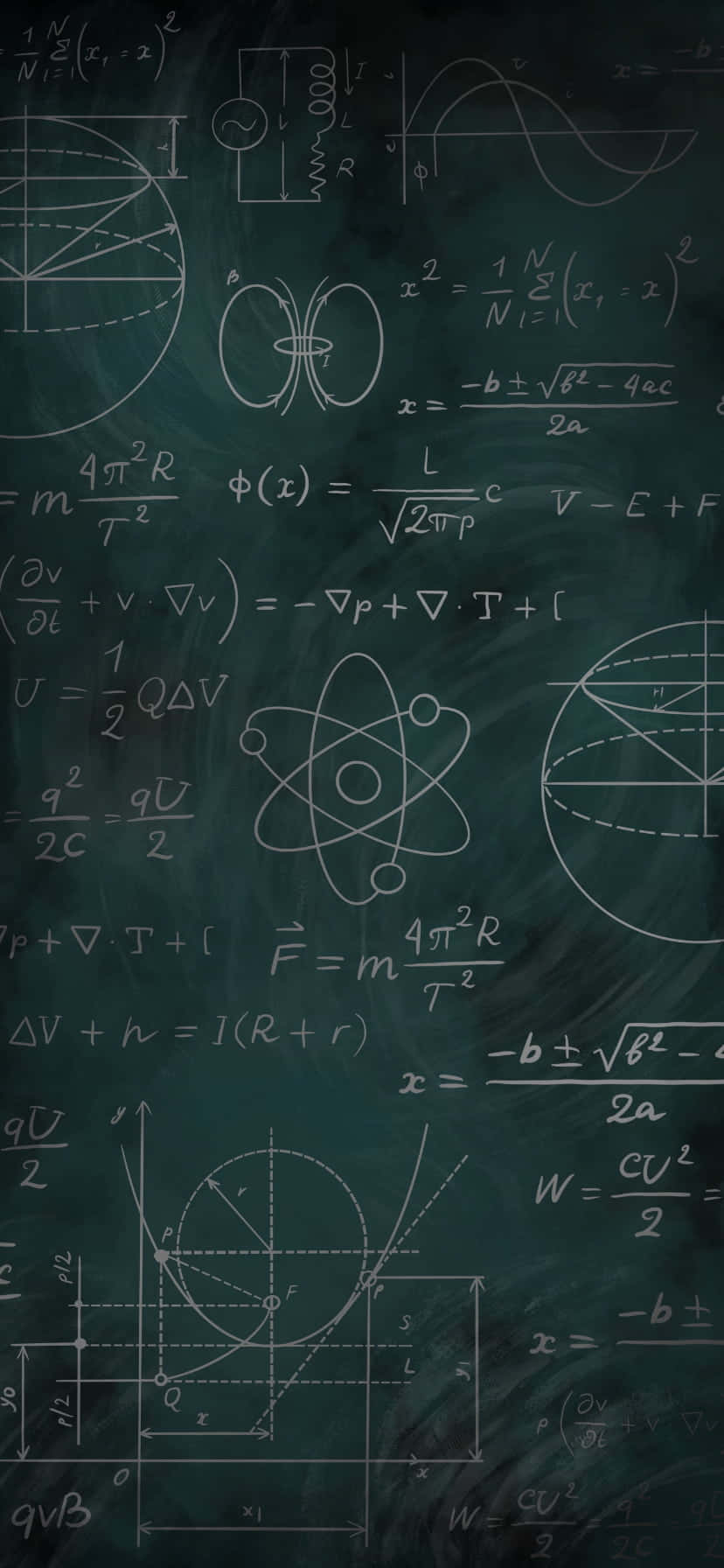 Educational 桌布 壁紙 — 一個充滿發光白色數學方程式、物理公式和幾何圖表的黑板，背景為深綠色。