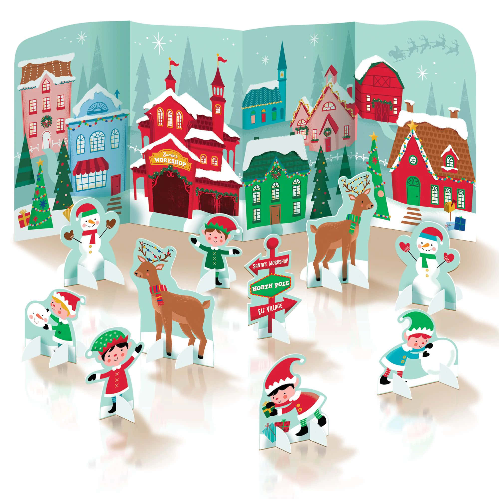 North Pole 桌布 壁紙 — 一個充滿節慶氣氛的3D紙雕場景，描繪了白雪覆蓋的北極村莊，內有精靈、馴鹿、雪人以及聖誕老人工坊的標誌。