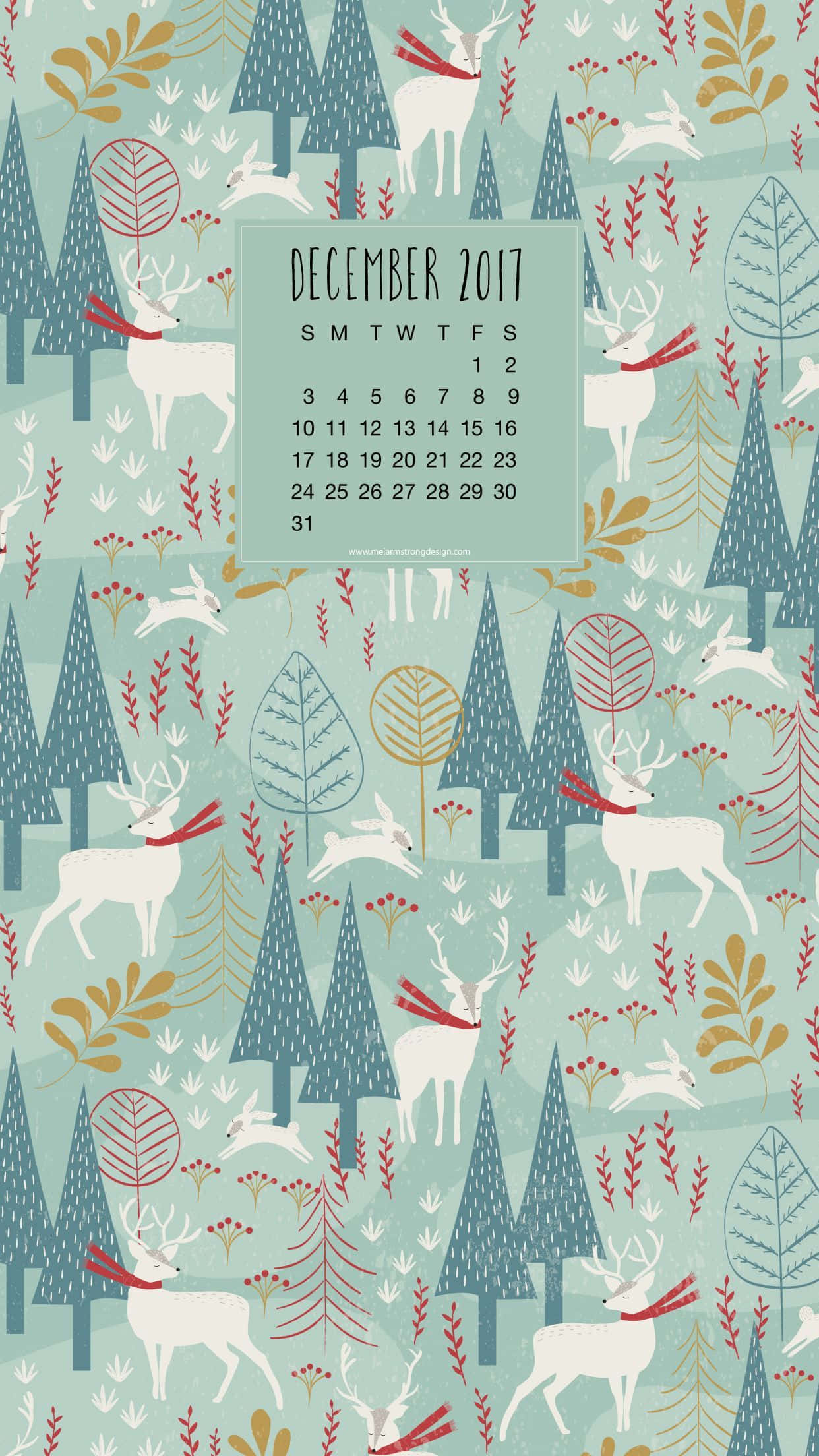 Boho Christmas 桌布 壁紙 — 一個充滿節日氣氛的2017年12月月曆，周圍有戴著紅色圍巾的白鹿，置身於藍綠色樹木和金色樹葉之間。